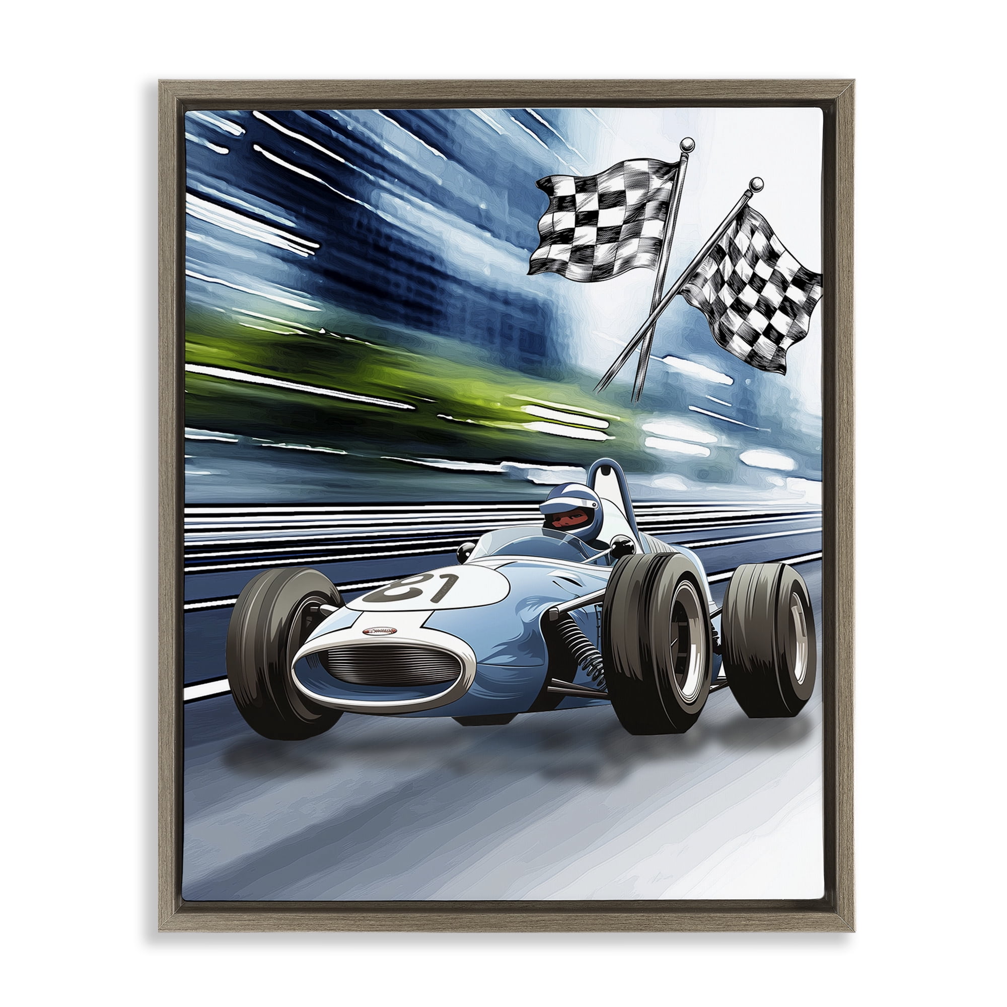 Stupell Industries Speedy Racecar with Flags Brown Framed Floater Canvas Wall Art, design by Christine Simpson Art