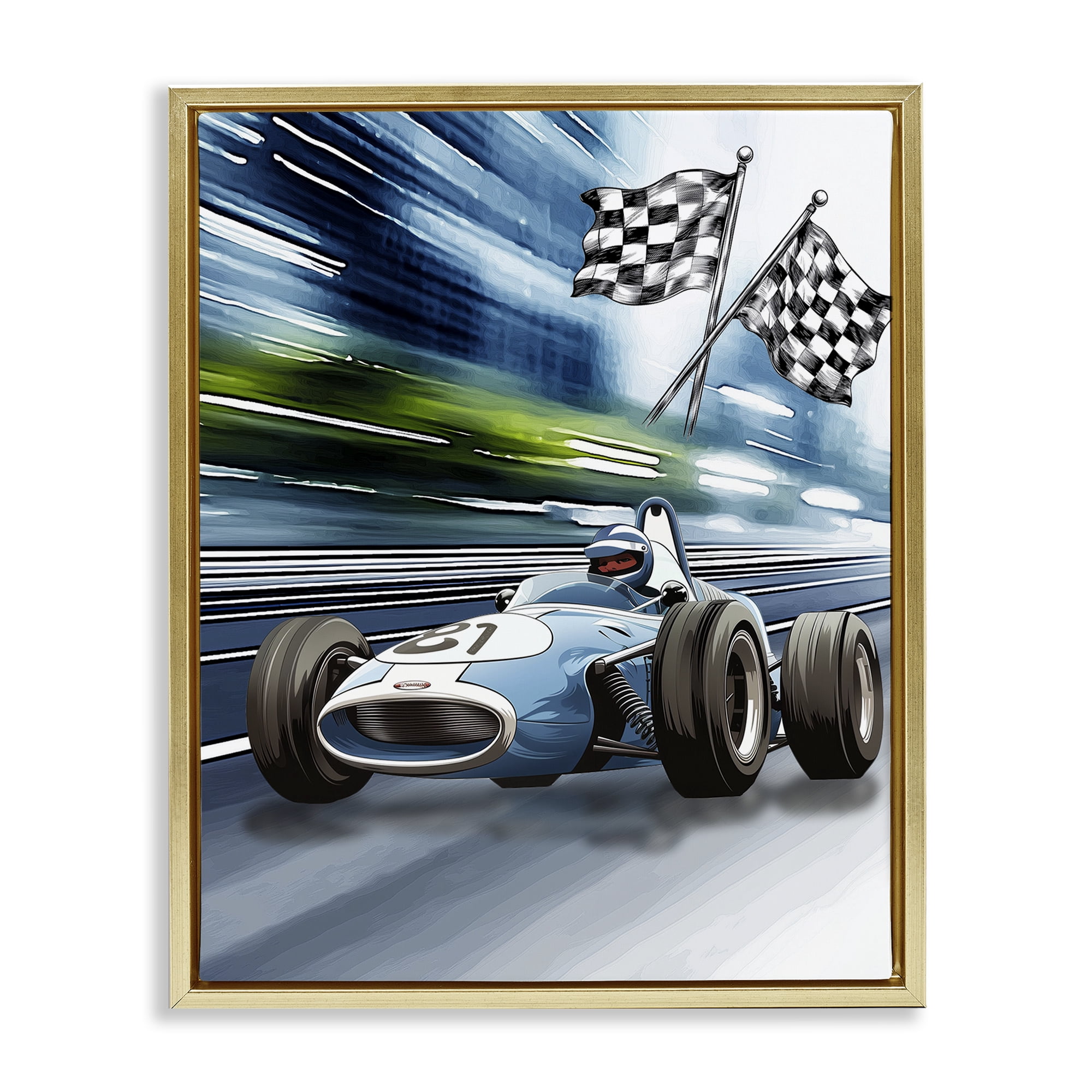 Stupell Industries Speedy Racecar with Flags Gold Framed Floater Canvas Wall Art, design by Christine Simpson Art