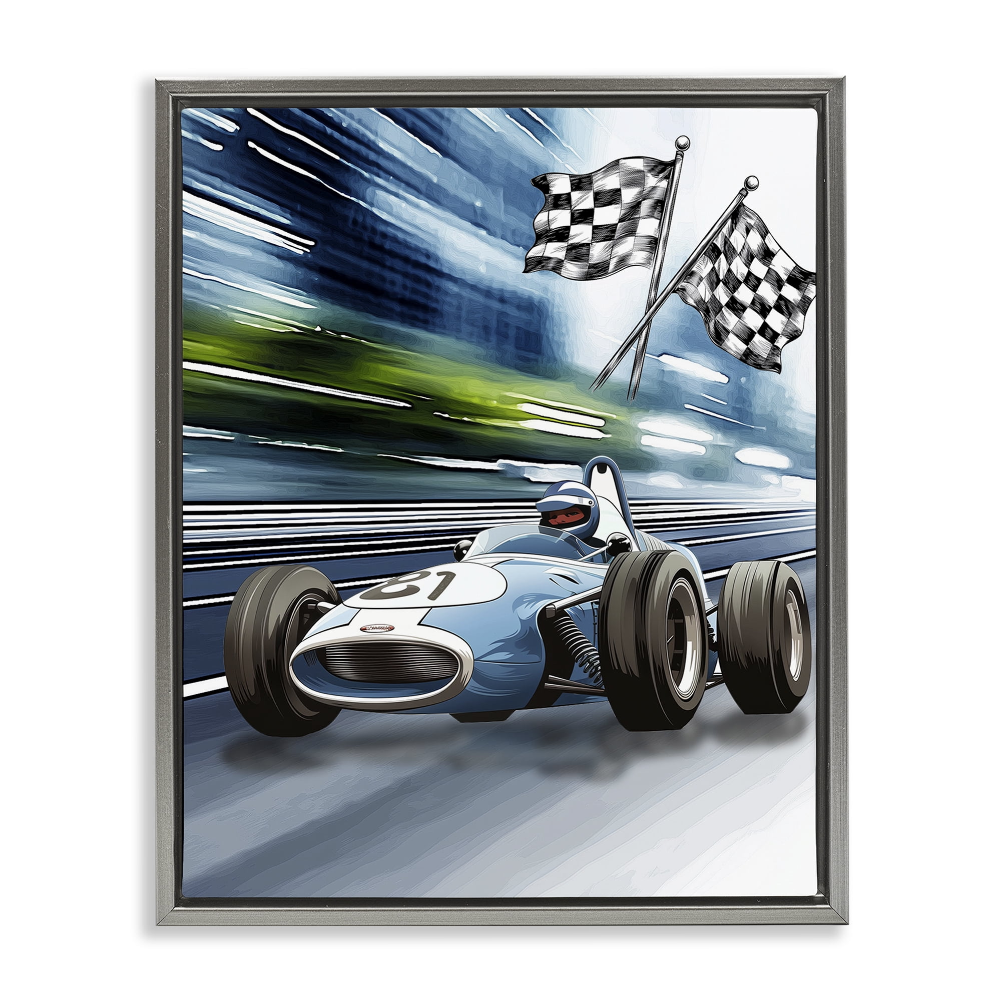 Stupell Industries Speedy Racecar with Flags Gray Framed Floater Canvas Wall Art, design by Christine Simpson Art
