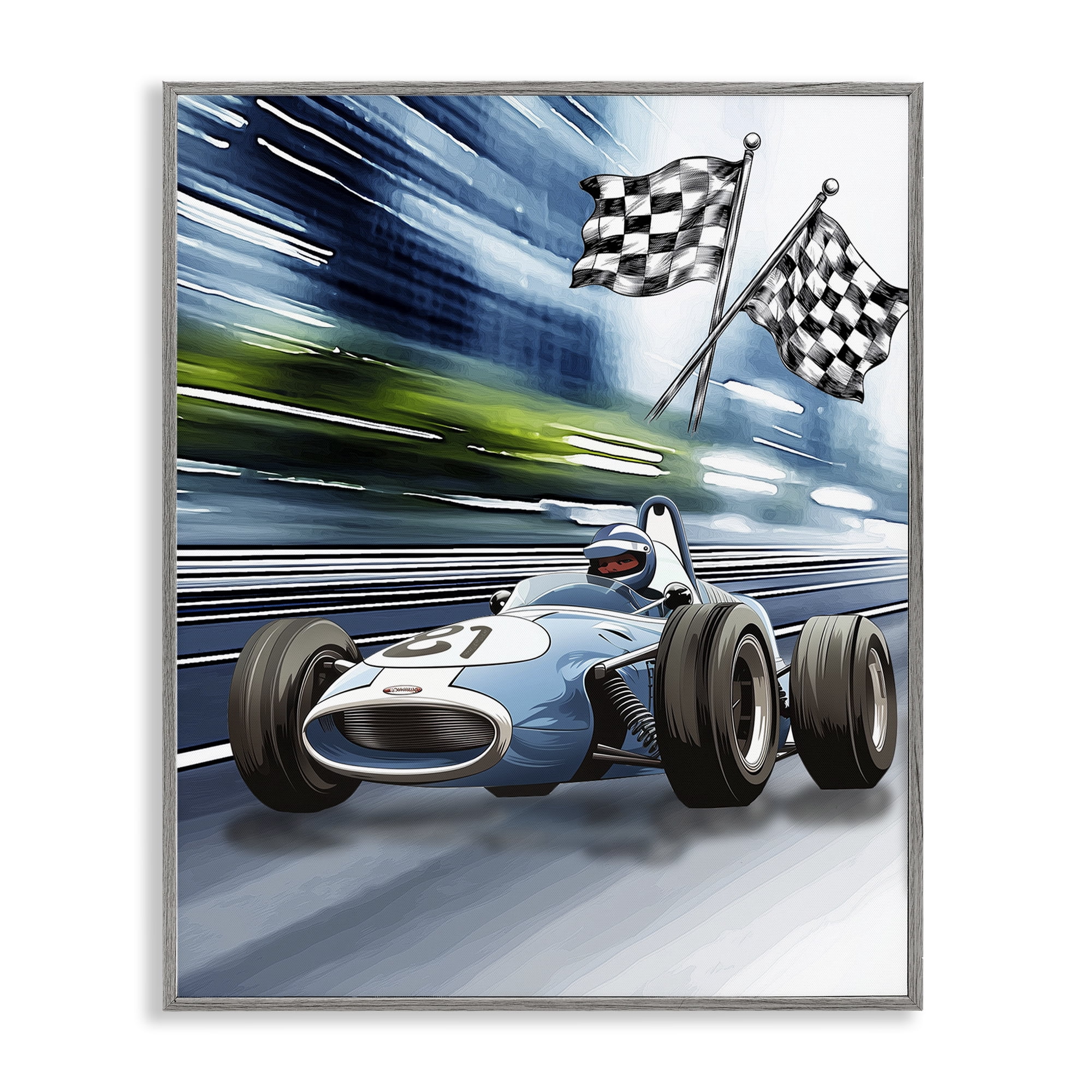 Stupell Industries Speedy Racecar with Flags Gray Framed Giclee Art, design by Christine Simpson Art