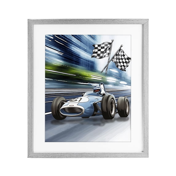 Stupell Industries Contemporary Speedy Racecar with Flags Gray Framed Print Under Glass, 17 x 21, by Christine Simpson Art