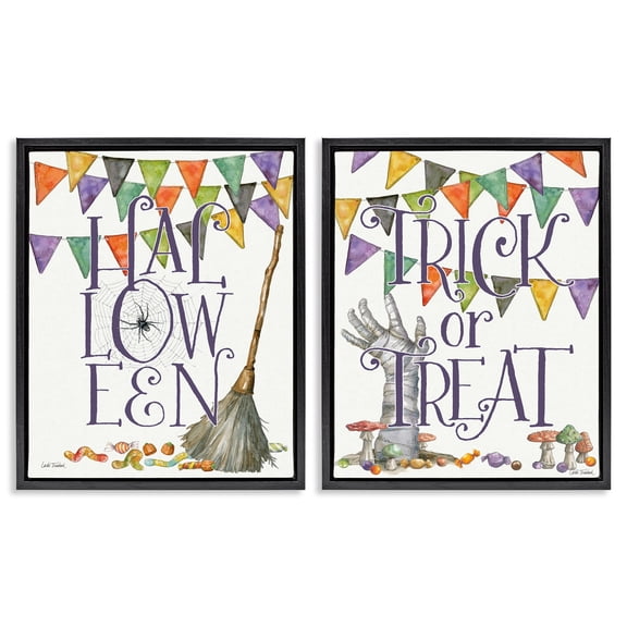Stupell Industries Spellbound Halloween Phrases 2 Piece Black Framed Floater Canvas Set design by Leslie Trimbach, 21 x 17