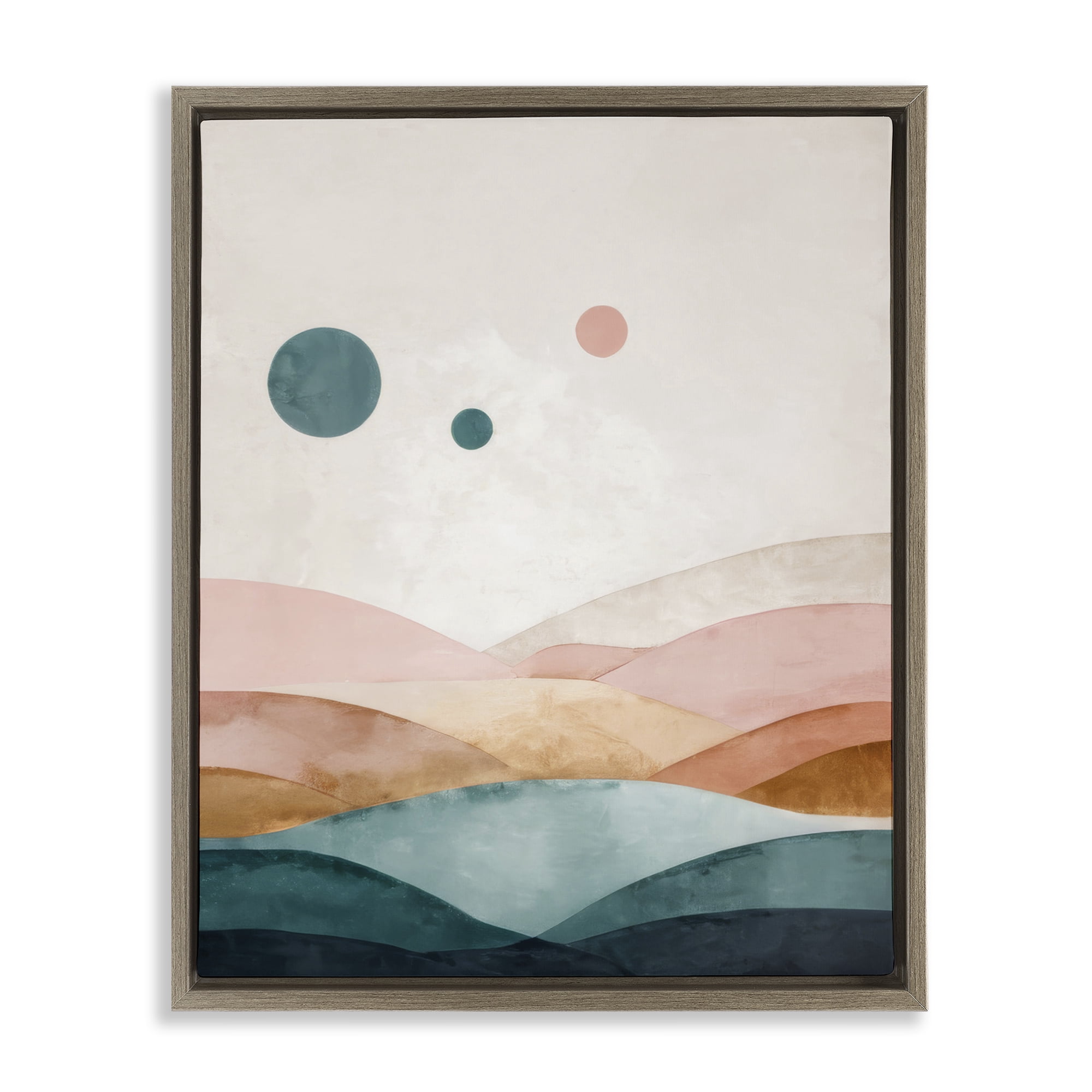Stupell Industries Spheres Above Desert Landscape Painting Brown Floater Framed Canvas Art Print Wall Art, 17 x 21