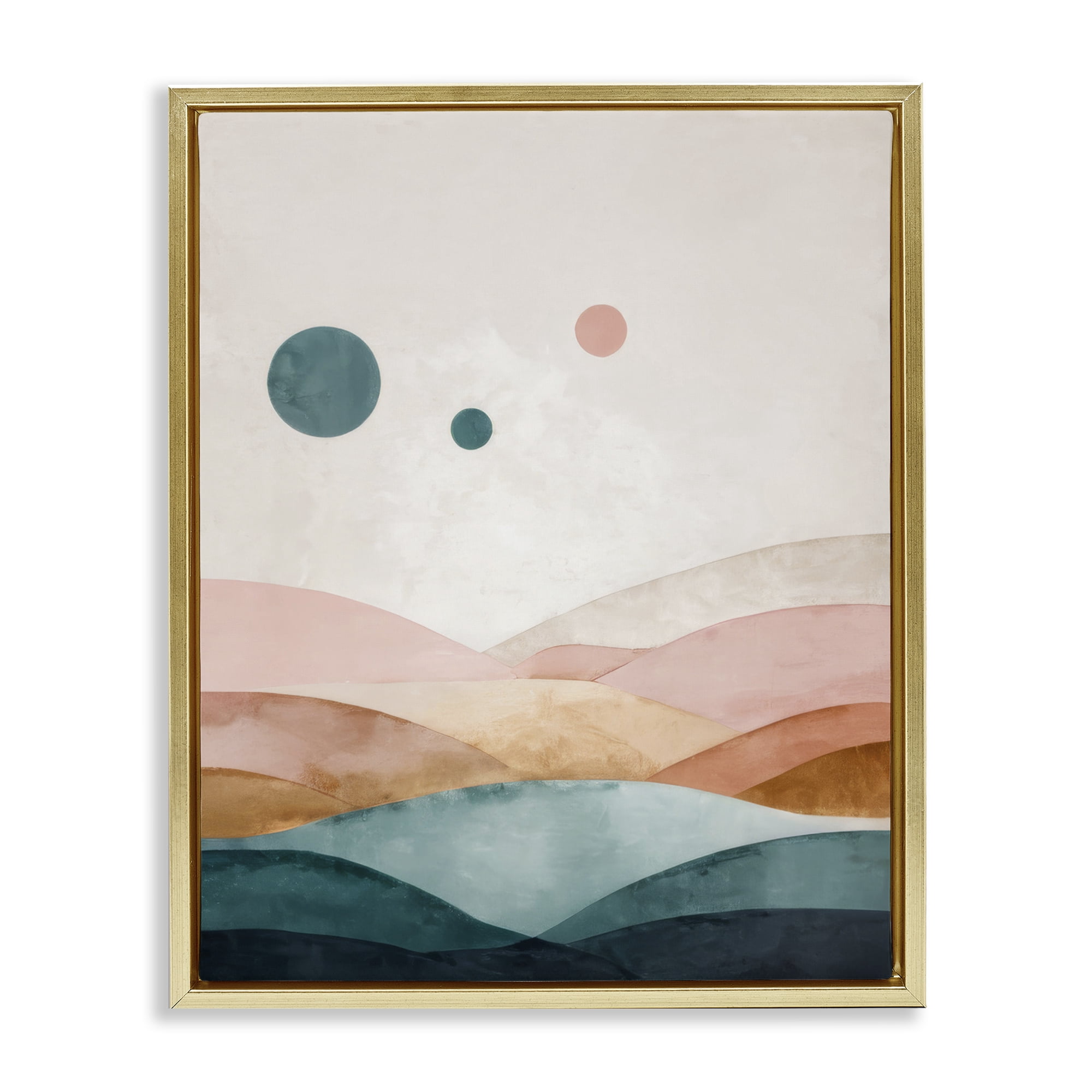Stupell Industries Spheres Above Desert Landscape Painting Gold Floater Framed Canvas Art Print Wall Art, 17 x 21