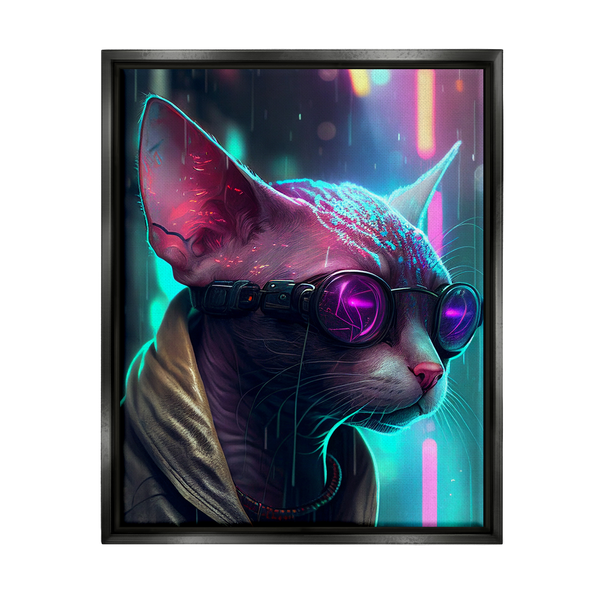 Stupell Industries Sphynx Cat Futuristic Cyber Style Animals & Insects Painting Black Floater Framed Art Print Wall Art