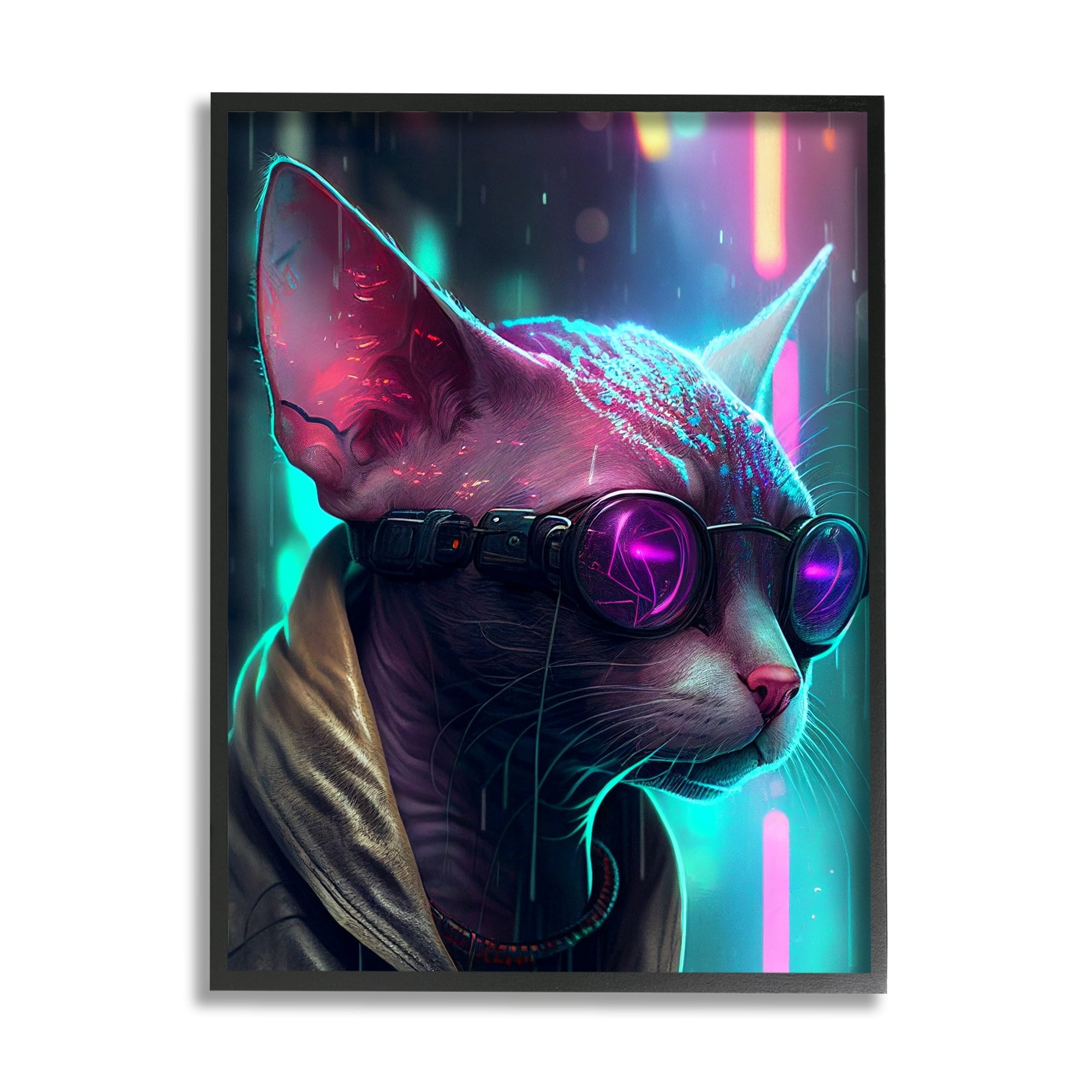 Stupell Industries Sphynx Cat Futuristic Cyber Style Animals & Insects Painting Black Framed Art Print Wall Art