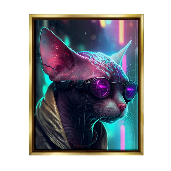 Stupell Industries Sphynx Cat Futuristic Cyber Style Animals & Insects Painting Gold Floater Framed Art Print Wall Art