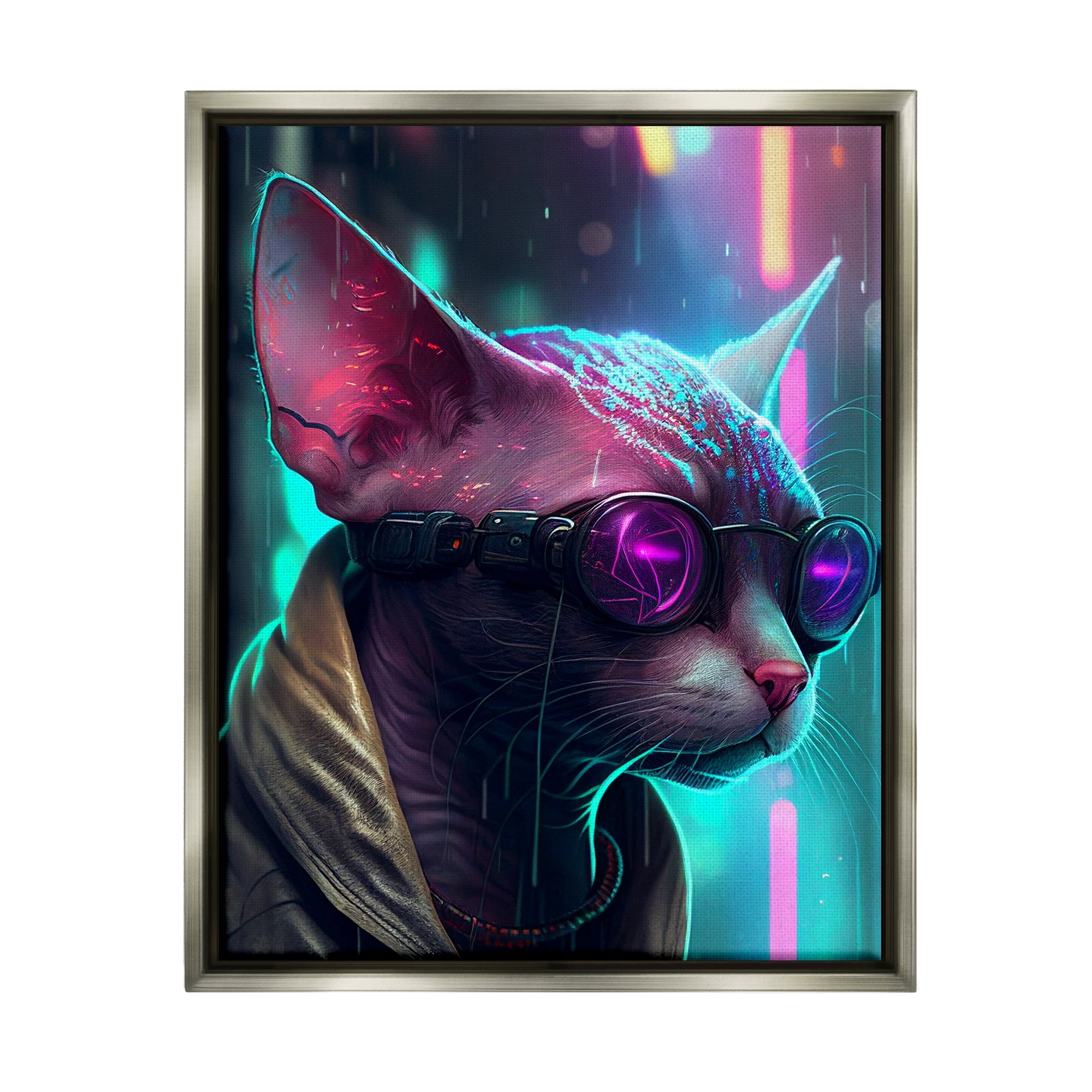 Stupell Industries Sphynx Cat Futuristic Cyber Style Animals & Insects Painting Gray Floater Framed Art Print Wall Art