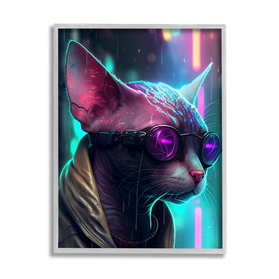 Stupell Industries Sphynx Cat Futuristic Cyber Style Animals & Insects Painting Gray Framed Art Print Wall Art