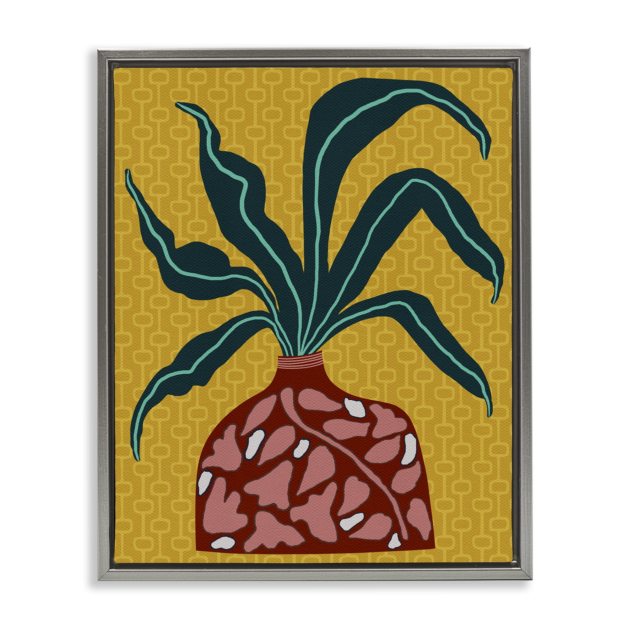 Stupell Industries Spider Plant on Yellow Plants & Flowers Painting Gray Floater Framed Canvas Art Print Wall Art, 17 x 21