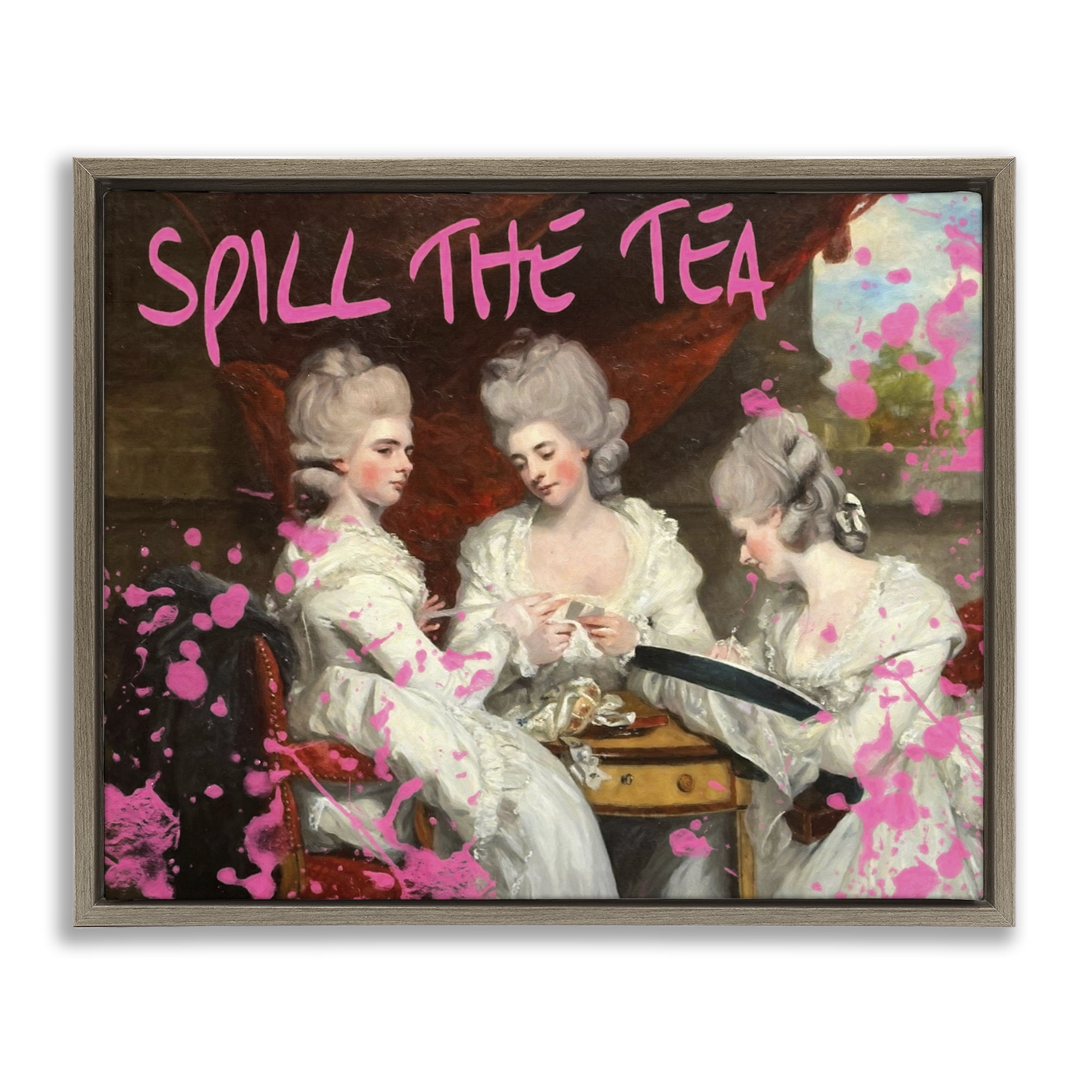 Stupell Industries Spill The Tea Iconic Ladies Brown Framed Floater Canvas Wall Art, design by Grotto Studios