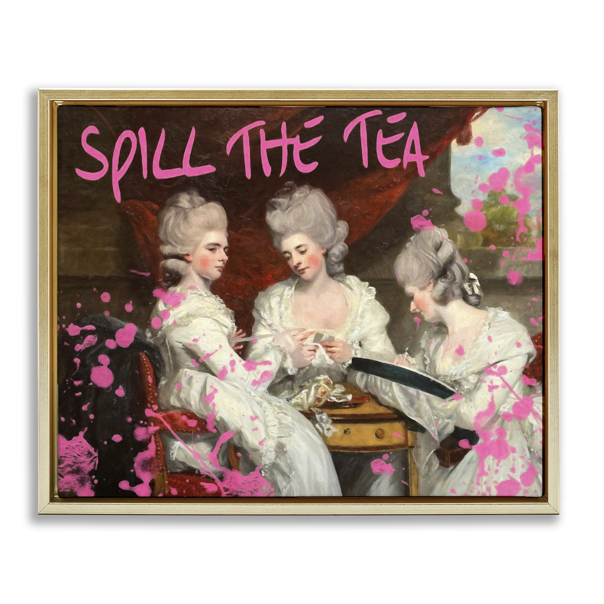 Stupell Industries Spill The Tea Iconic Ladies Gold Framed Floater Canvas Wall Art, design by Grotto Studios