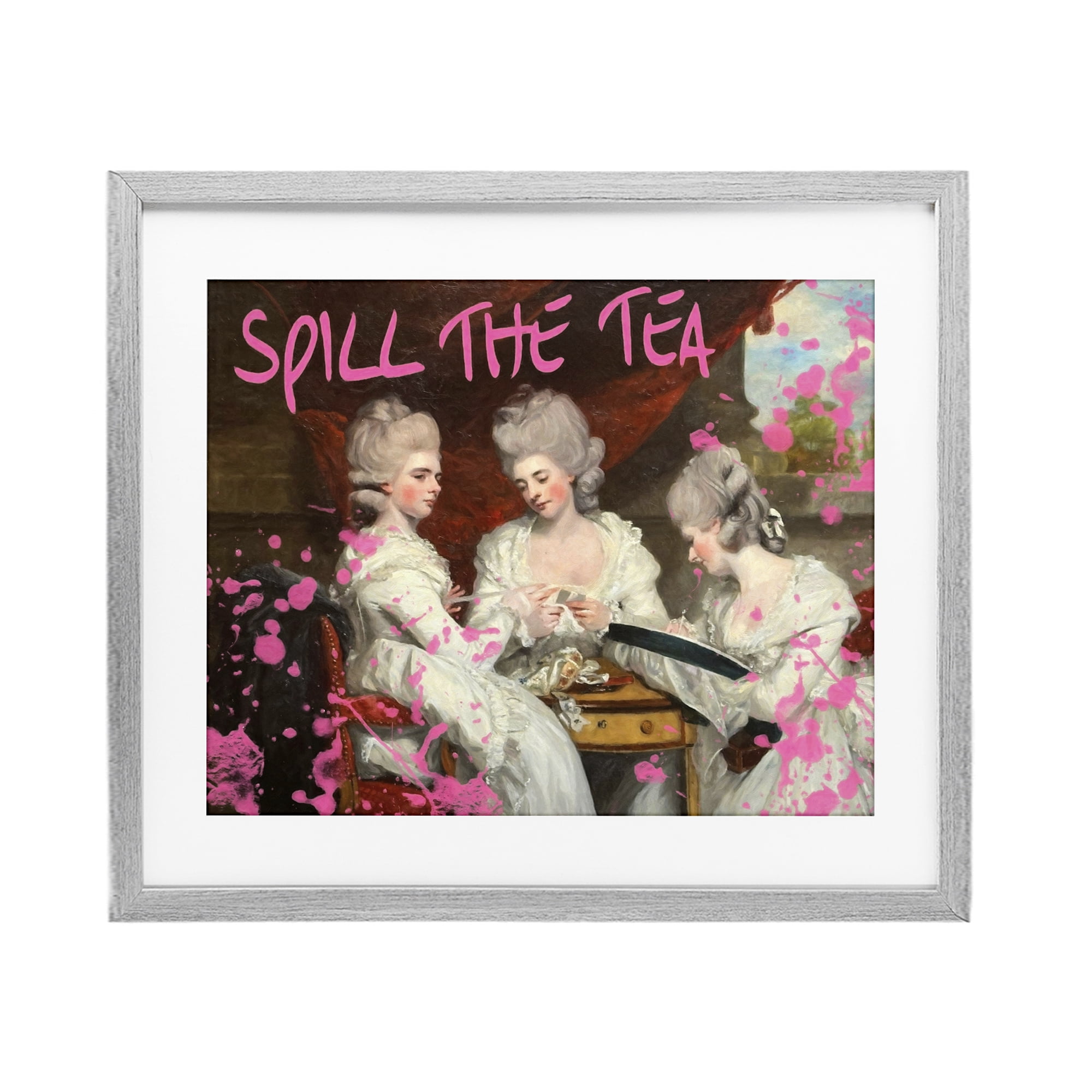 Stupell Industries Spill The Tea Iconic Ladies Gray Framed Print Under Glass, design by Grotto Studios