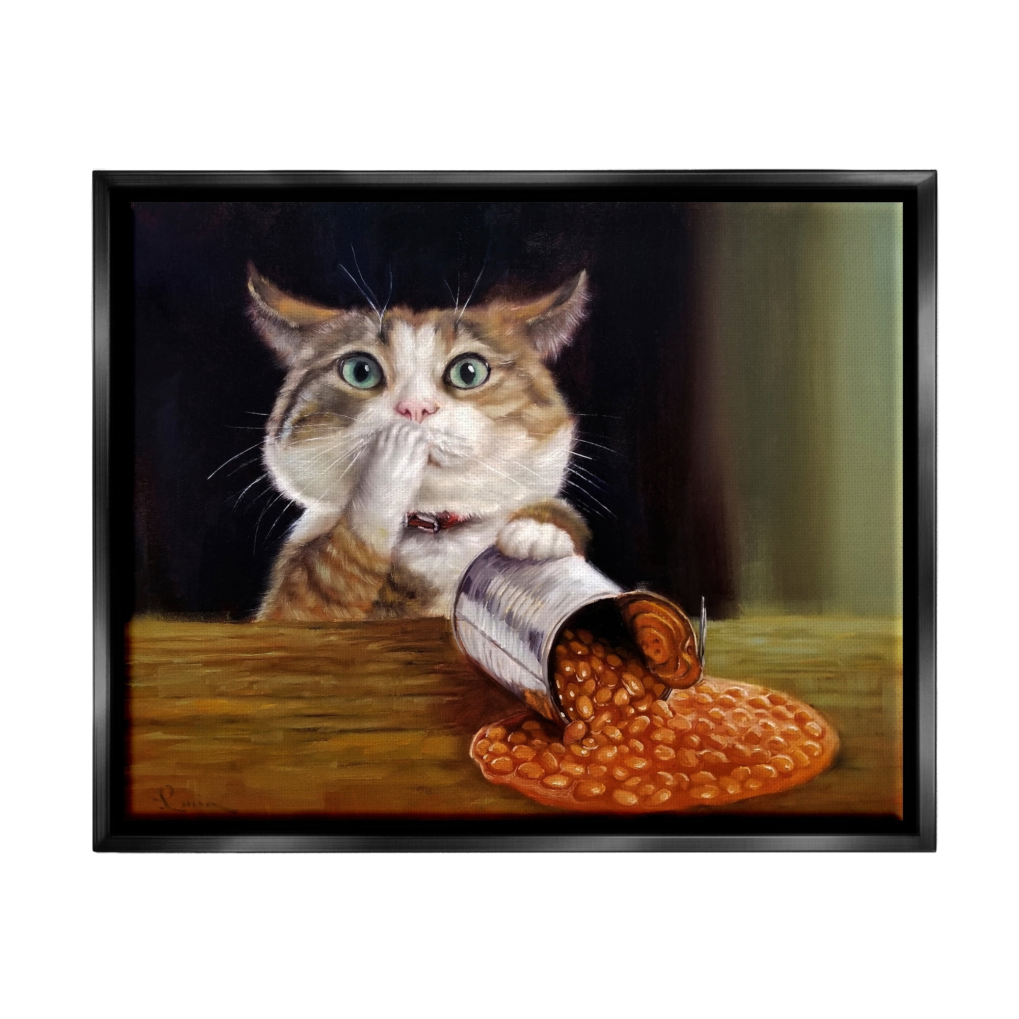 Stupell Industries Spilled The Beans Humorous Cat Kitchen Animal Painting Painting Jet Black Floating Framed Canvas Print Wall Art, Design by Lucia Heffernan