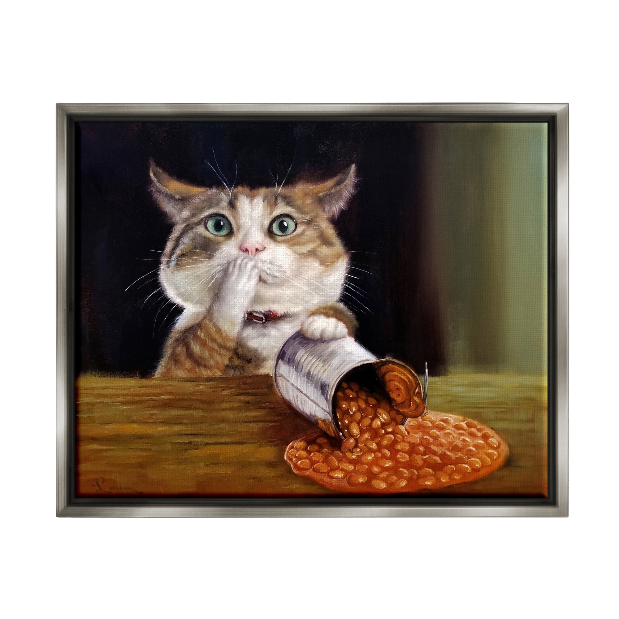 Stupell Industries Spilled The Beans Humorous Cat Kitchen Animal Painting Painting Luster Gray Floating Framed Canvas Print Wall Art, Design by Lucia Heffernan