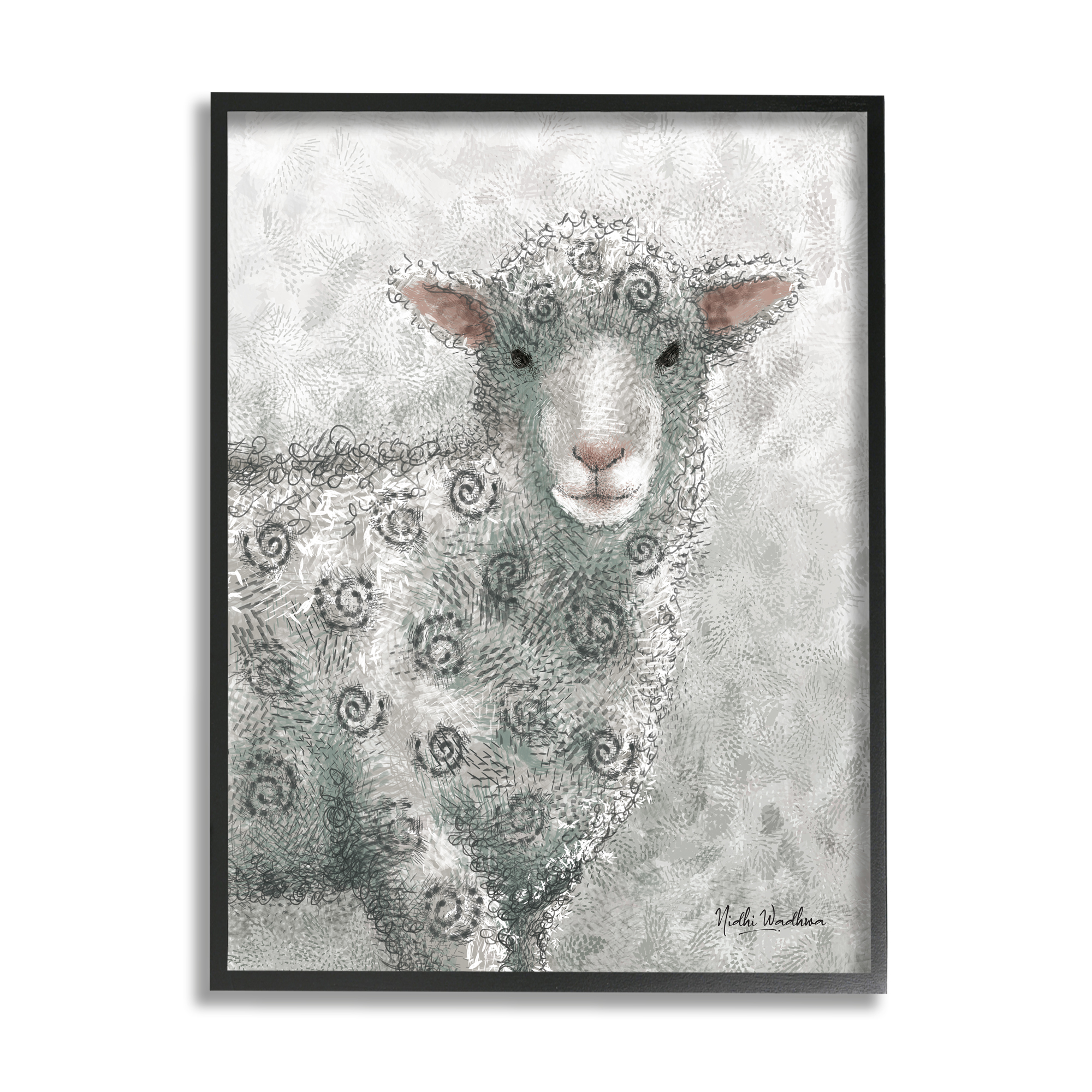 Stupell Industries Spiral Patterned Sheep Animals & Insects Painting Black Framed Art Print Wall Art, 16 x 20