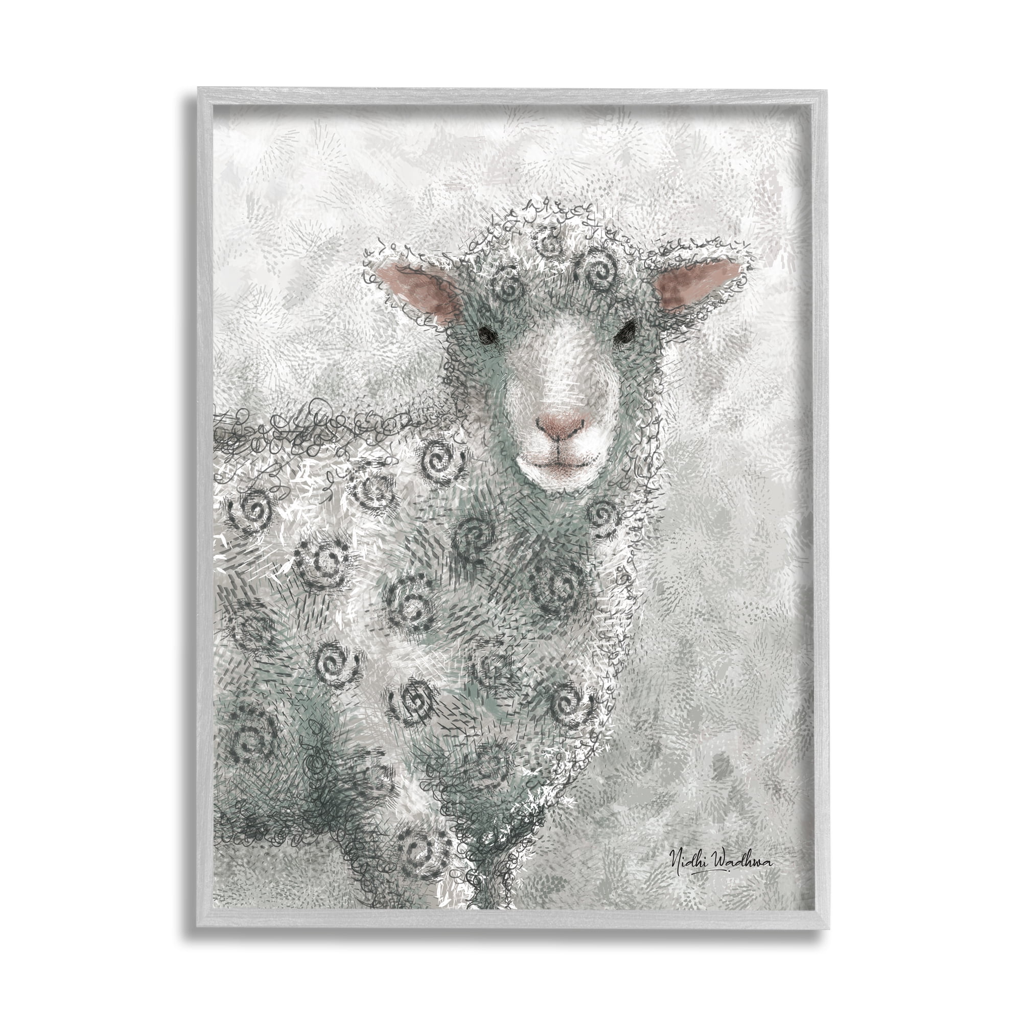 Stupell Industries Spiral Patterned Sheep Animals & Insects Painting Gray Framed Art Print Wall Art, 11 x 14