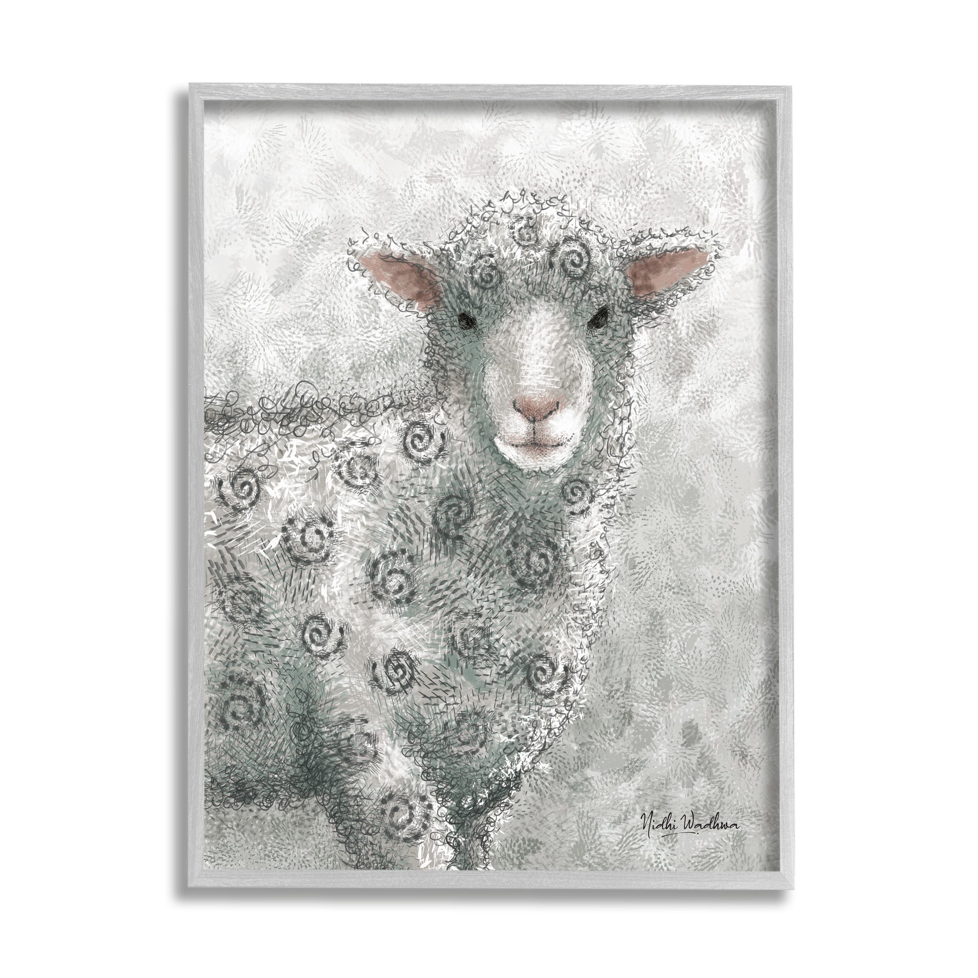 Stupell Industries Spiral Patterned Sheep Animals & Insects Painting Gray Framed Art Print Wall Art, 16 x 20