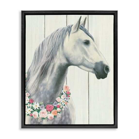 Stupell Industries Spirit Stallion Horse With Flower Wreath Jet Black Framed Floating Canvas Wall Art, 16x20, by James Wiens