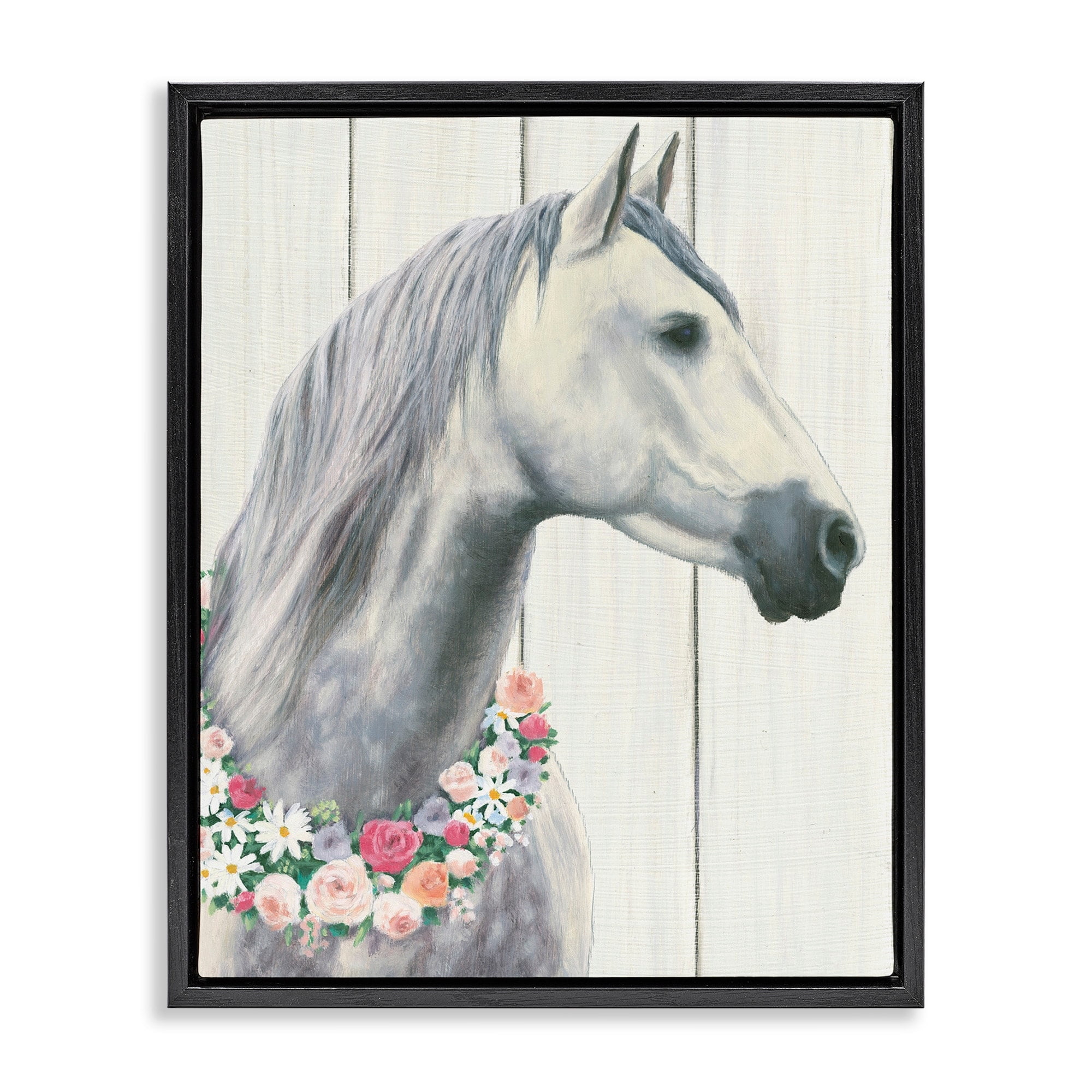 Stupell Industries Spirit Stallion Horse With Flower Wreath Jet Black Framed Floating Canvas Wall Art, 24x30, by James Wiens