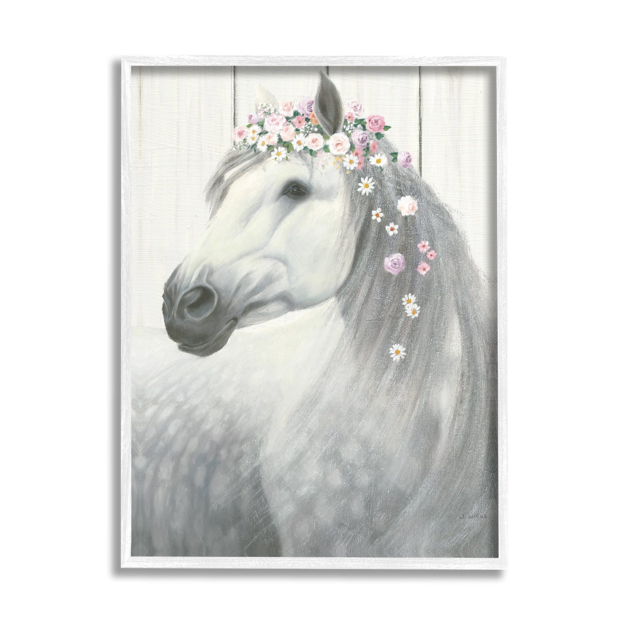 White Framed Horse with Flower Crown Wall Art, 11 x 14