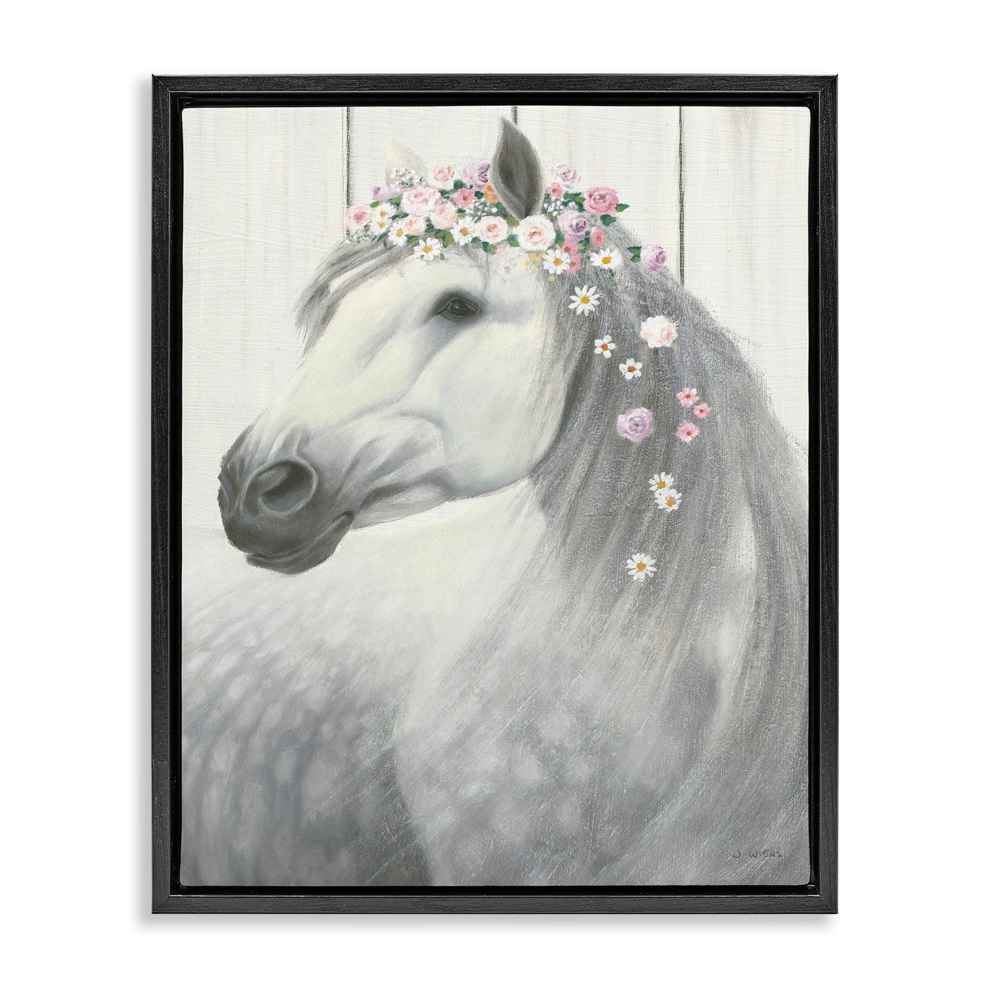 Stupell Industries Spirit Stallion Horse with Flower Crown Jet Black Framed Floating Canvas Wall Art, 24x30, by James Wiens