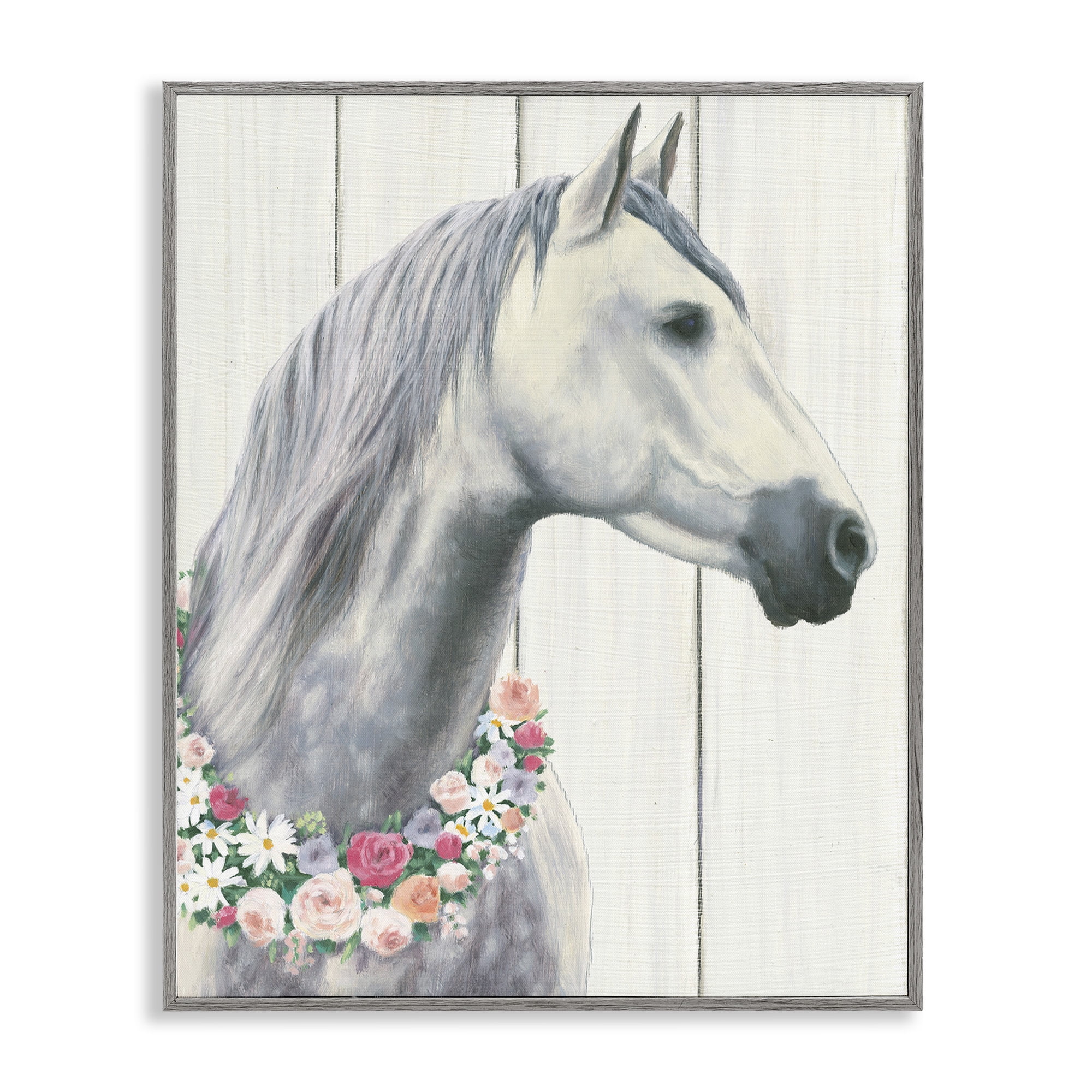 Stupell Industries Spirit Stallion with Flowers Animals & Insects Painting Gray Framed Art Print Wall Art, 24 x 30