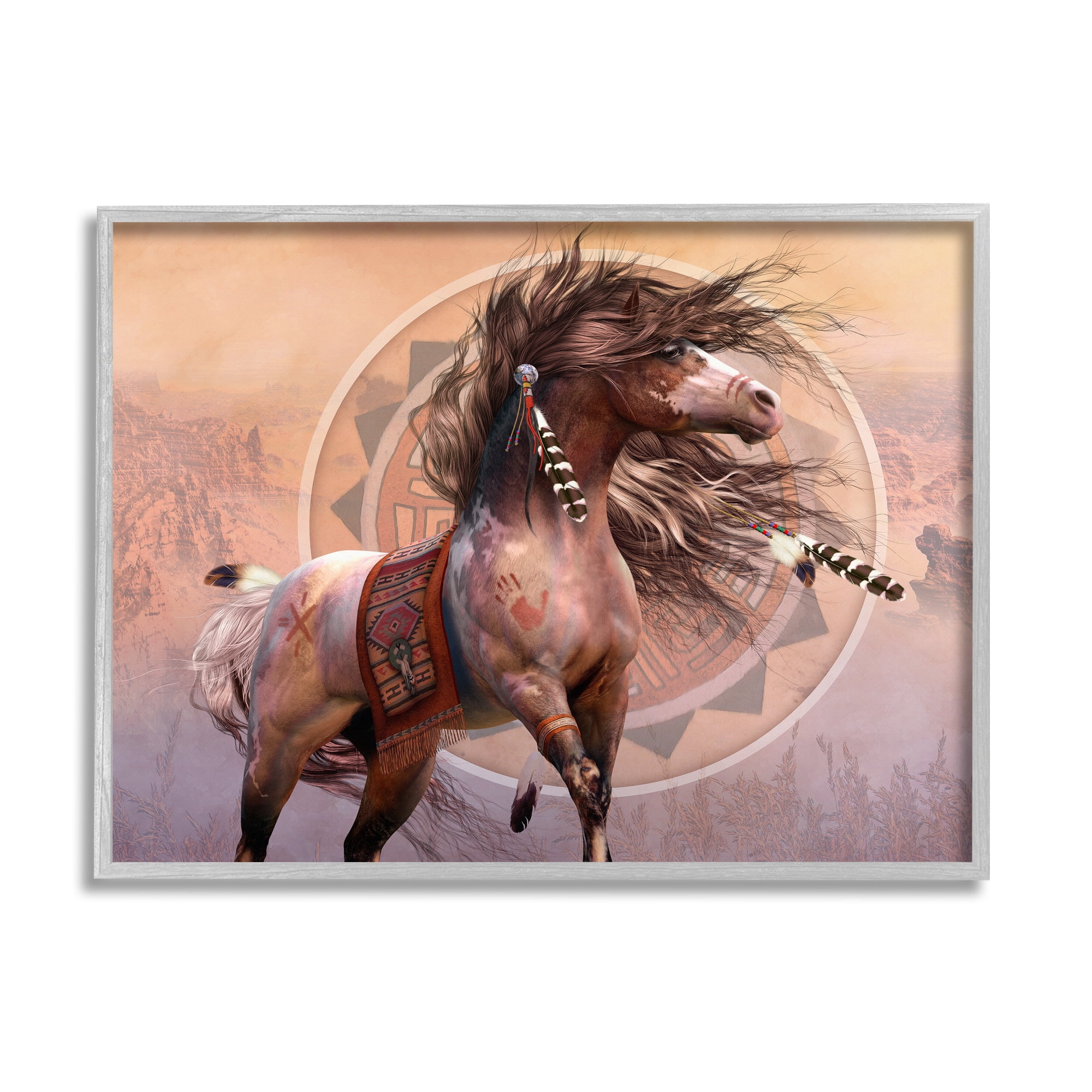 Stupell Industries Spirit Warrior Horse Animals & Insects Painting Gray Framed Art Print Wall Art, 20 x 16