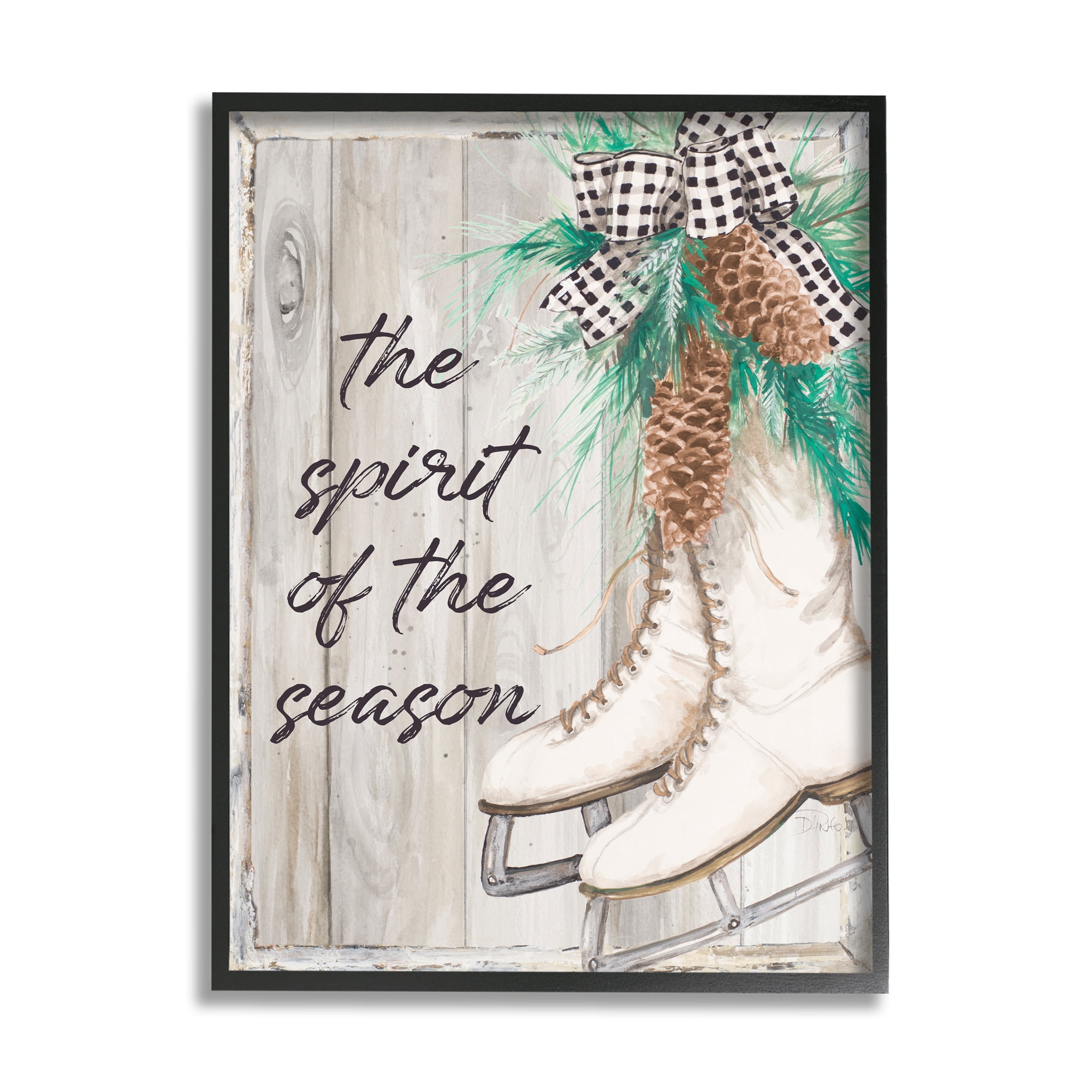 Stupell Industries Spirit of Season Phrase Winter White Ice Skates Holiday Painting Black Framed Art Print Wall Art, 11 x 14