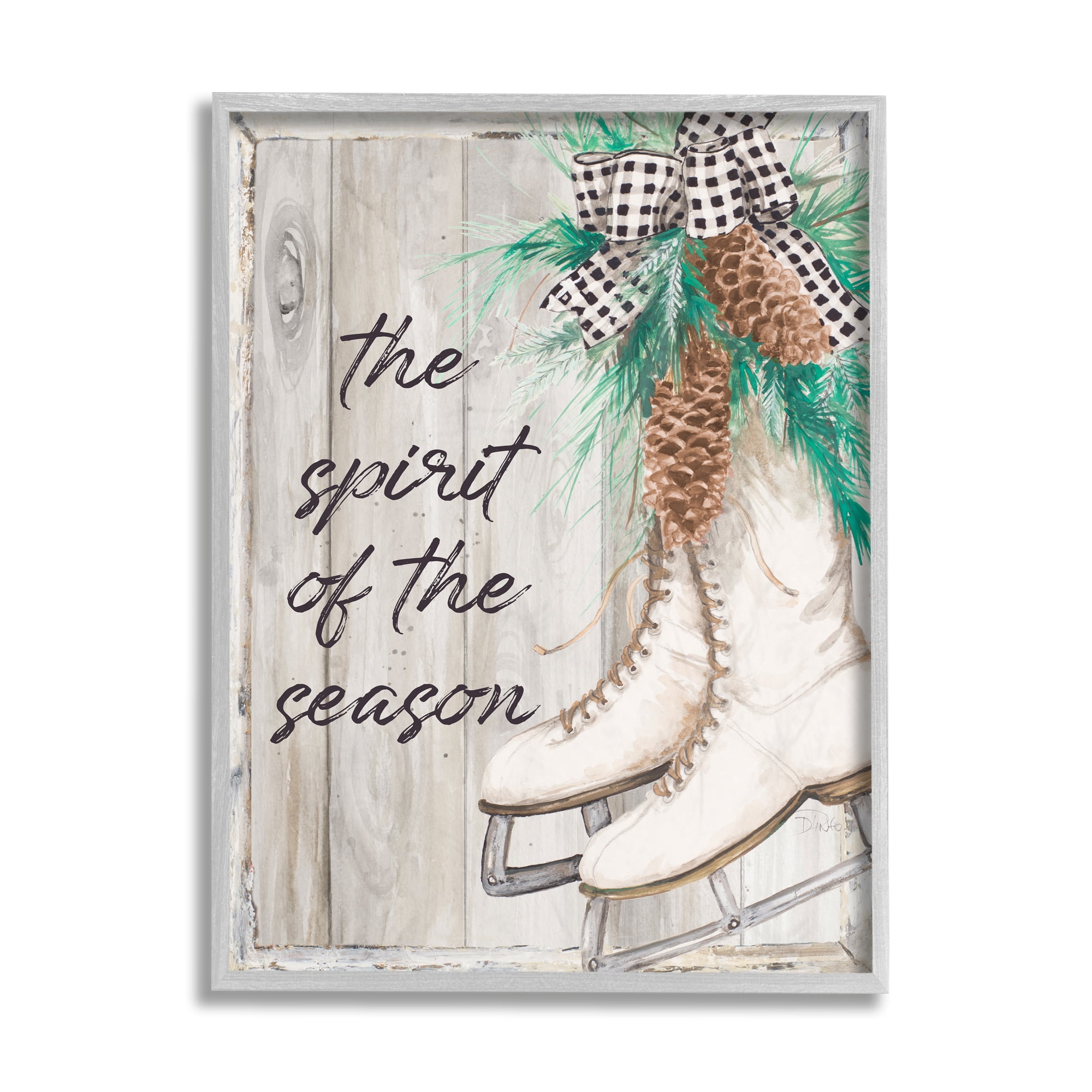 Stupell Industries Spirit of Season Phrase Winter White Ice Skates Holiday Painting Gray Framed Art Print Wall Art, 16 x 20