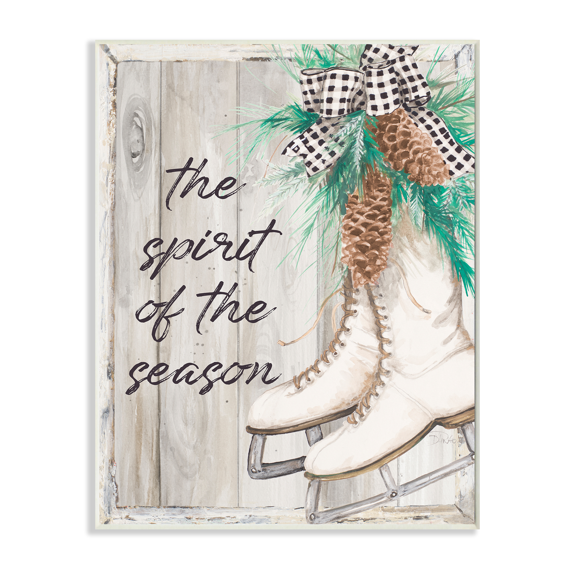 Stupell Industries Spirit of Season Phrase Winter White Ice Skates Holiday Painting Wall Plaque Art Print Wall Art, 13 x 19