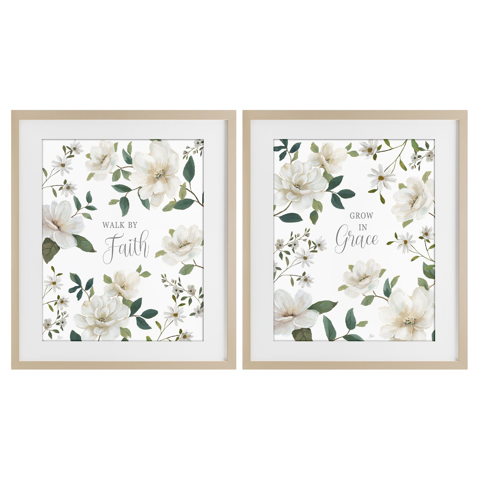 Stupell Industries Spiritual Faith Sayings with Florals 2 Piece Birch Framed Print Under Glass Set, design by Nan