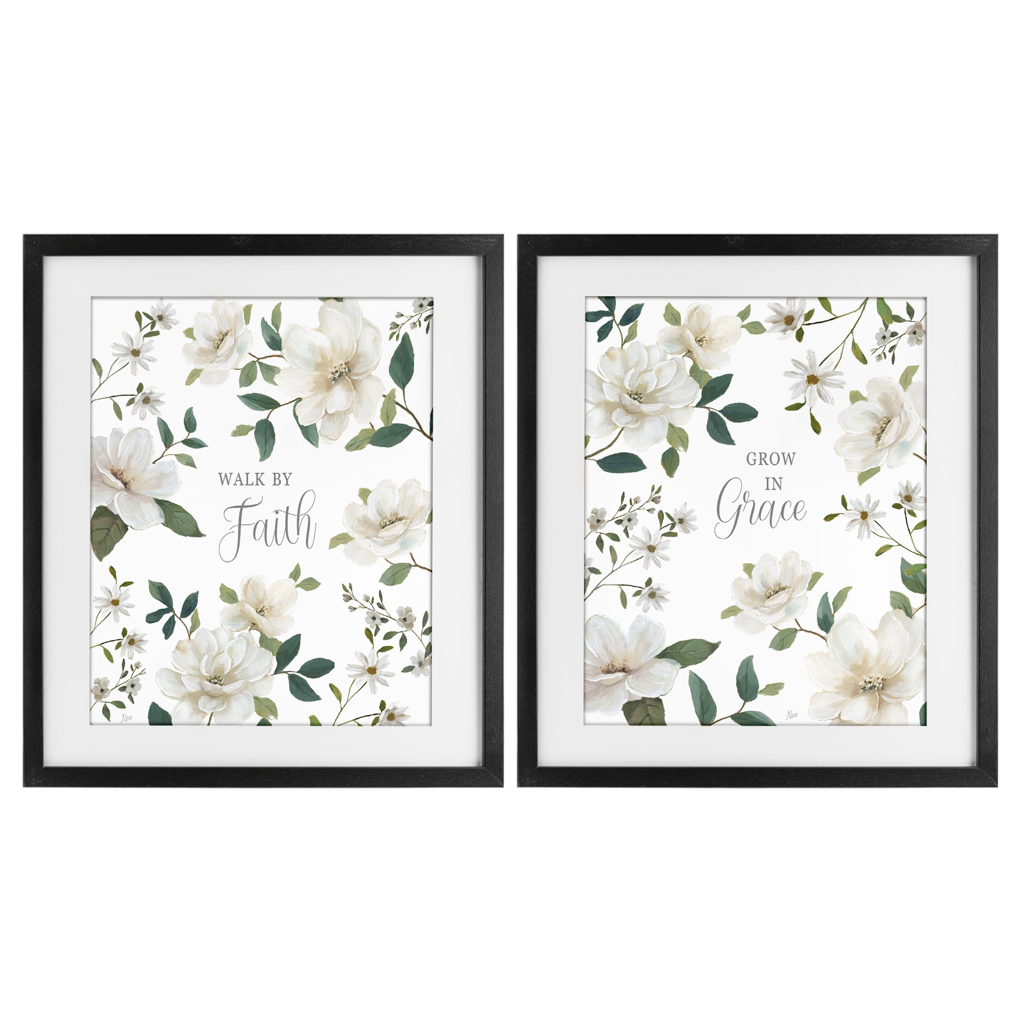 Stupell Industries Spiritual Faith Sayings with Florals 2 Piece Black Framed Print Under Glass Set, design by Nan