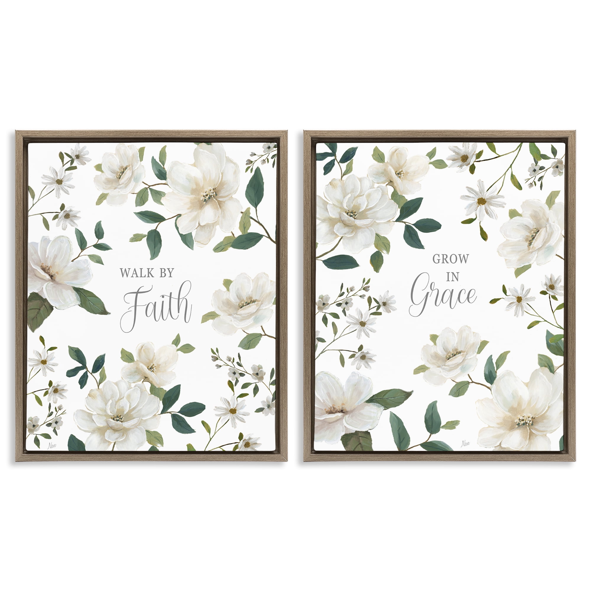 Stupell Industries Spiritual Faith Sayings with Florals 2 Piece Brown Framed Floater Canvas Set, design by Nan