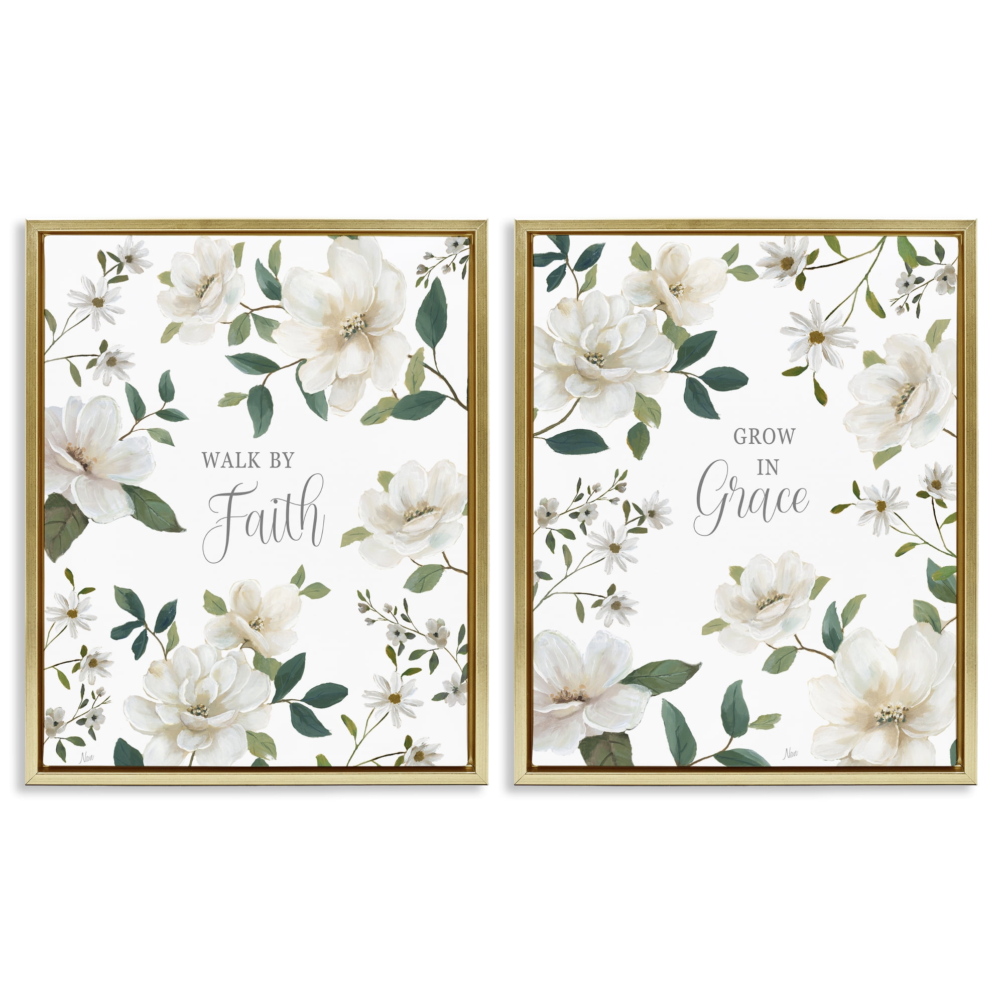 Stupell Industries Spiritual Faith Sayings with Florals 2 Piece Gold Framed Floater Canvas Set, design by Nan