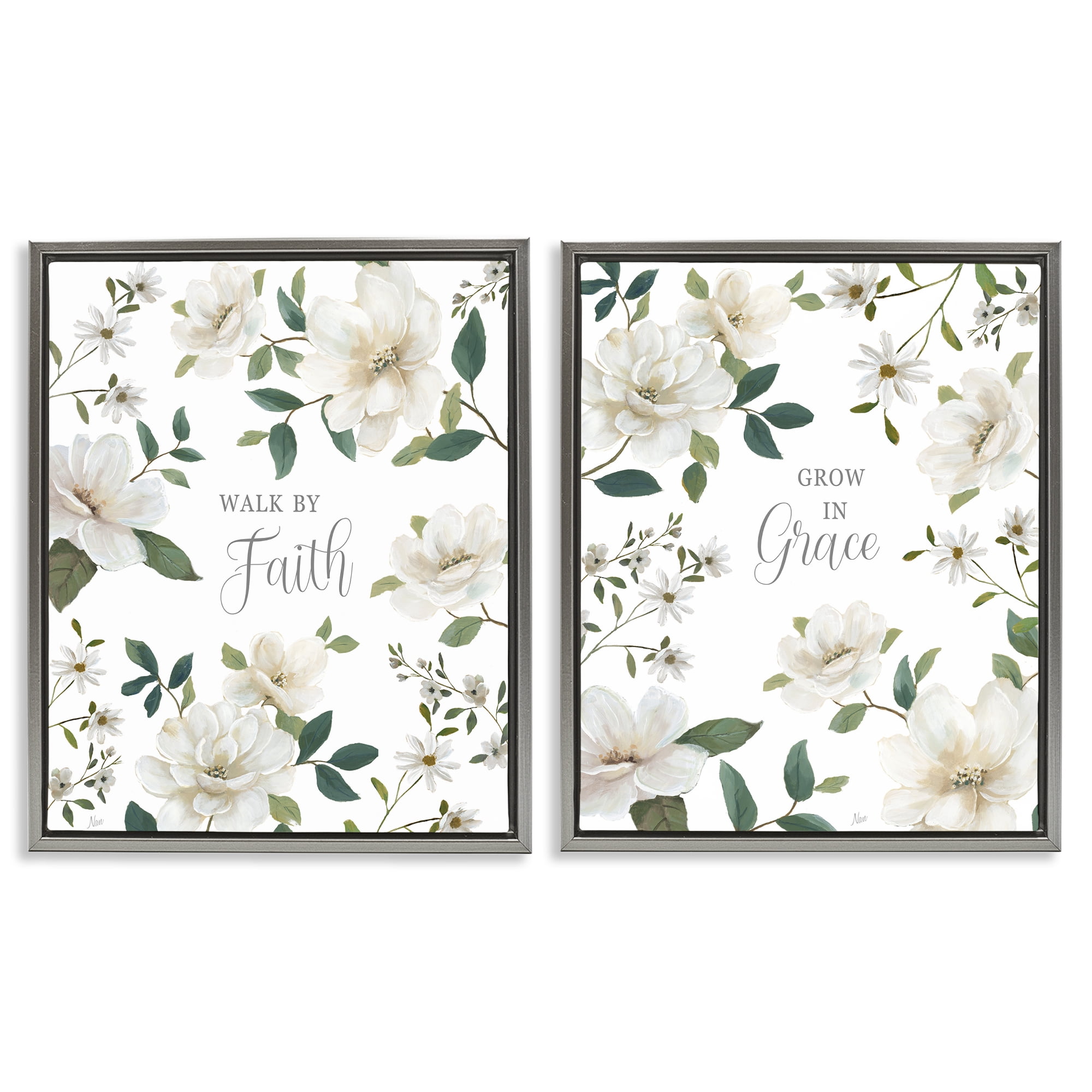 Stupell Industries Spiritual Faith Sayings with Florals 2 Piece Gray Framed Floater Canvas Set, design by Nan