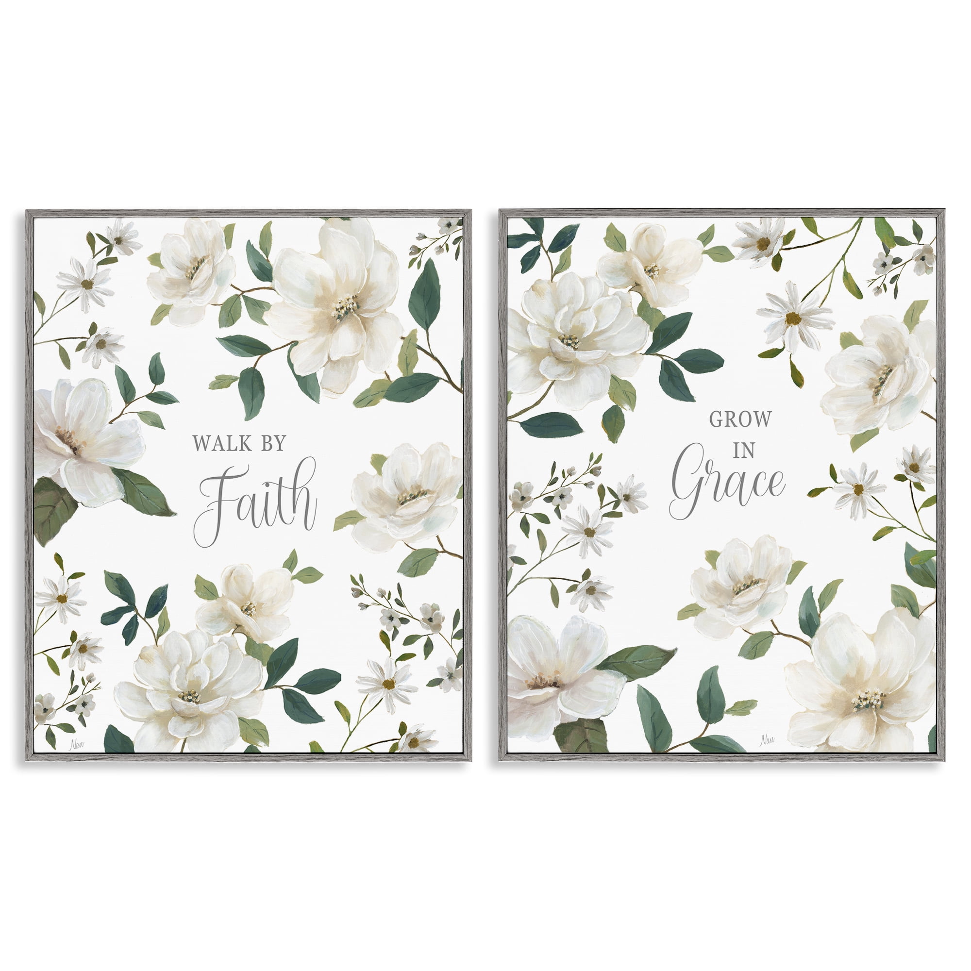 Stupell Industries Spiritual Faith Sayings with Florals 2 Piece Gray Framed Giclee Art Set, design by Nan