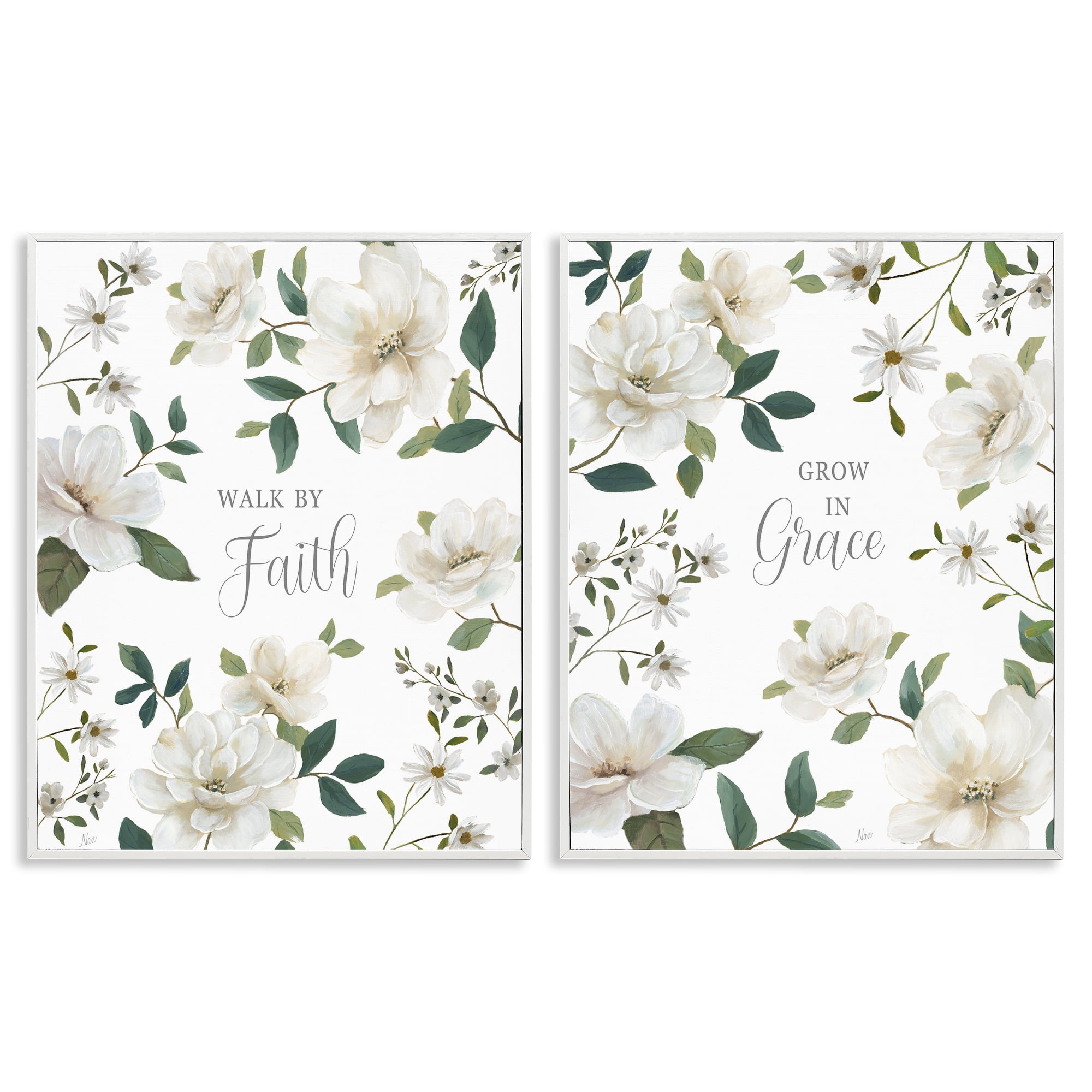 Stupell Industries Spiritual Faith Sayings with Florals 2 Piece White Framed Giclee Art Set, design by Nan