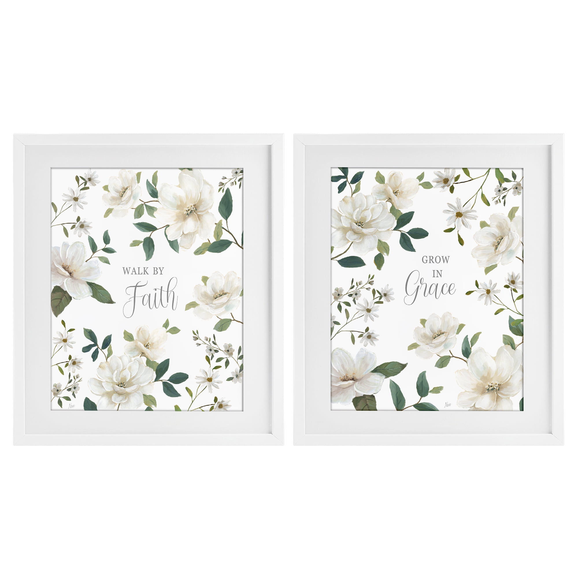 Stupell Industries Spiritual Faith Sayings with Florals 2 Piece White Framed Print Under Glass Set, design by Nan