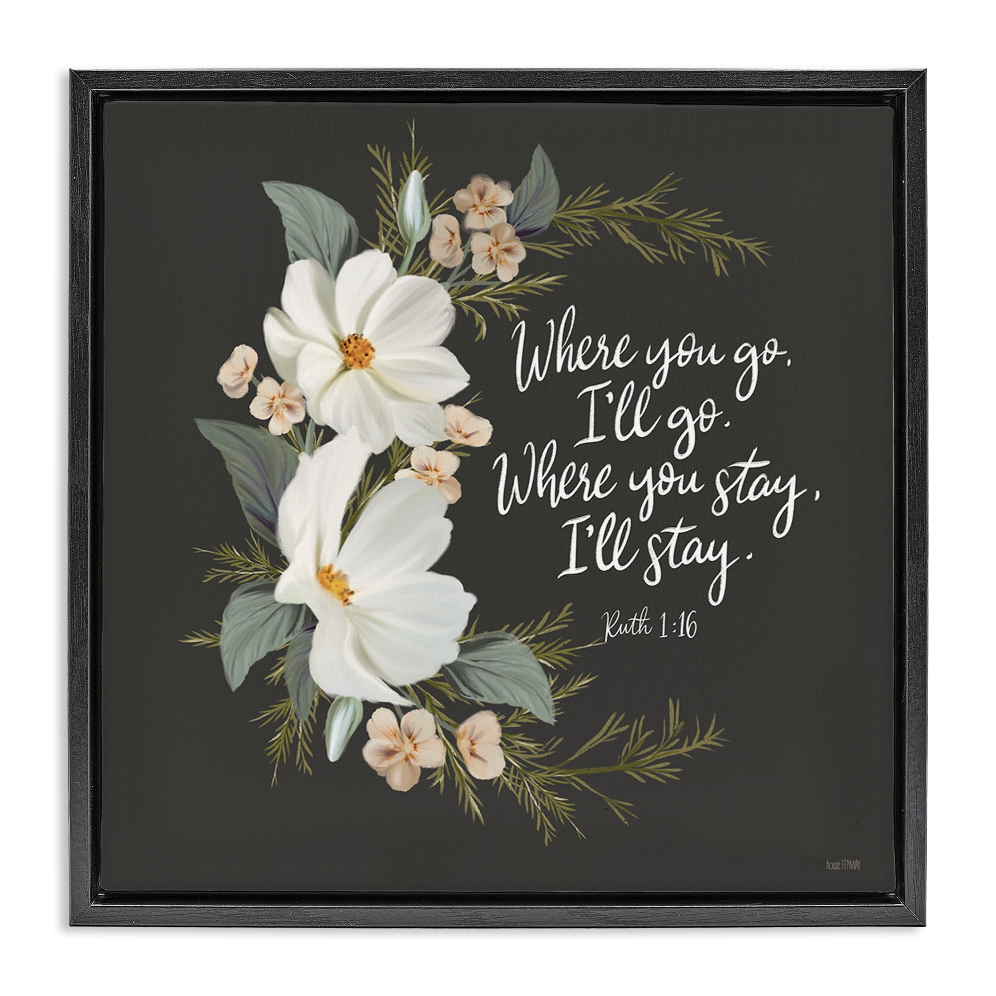 Stupell Industries Spiritual Scripture with Florals Plants & Flowers Painting Black Floater Framed Canvas Art Print Wall Art, 25 x 25
