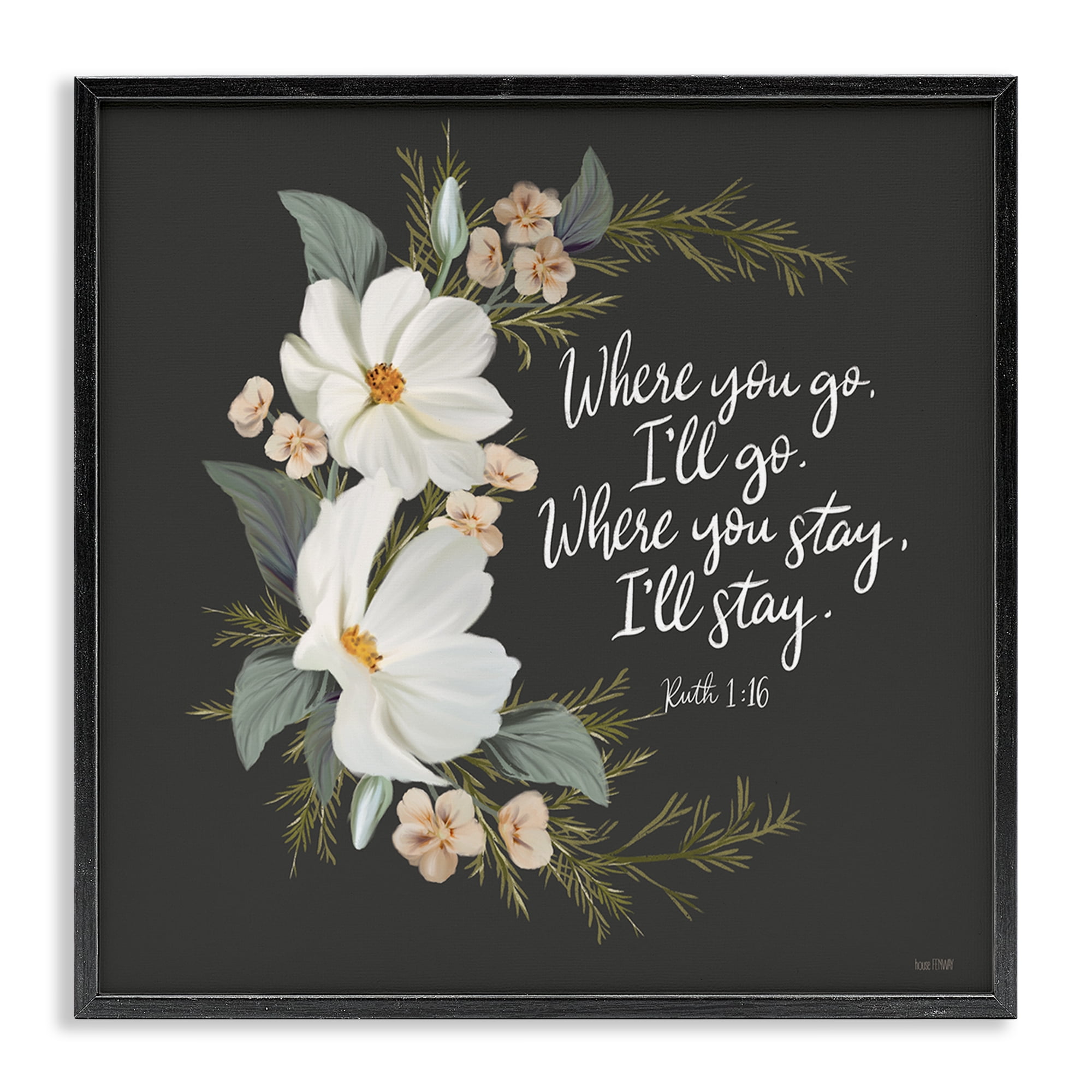 Stupell Industries Spiritual Scripture with Florals Plants & Flowers Painting Black Framed Art Print Wall Art, 24 x 24