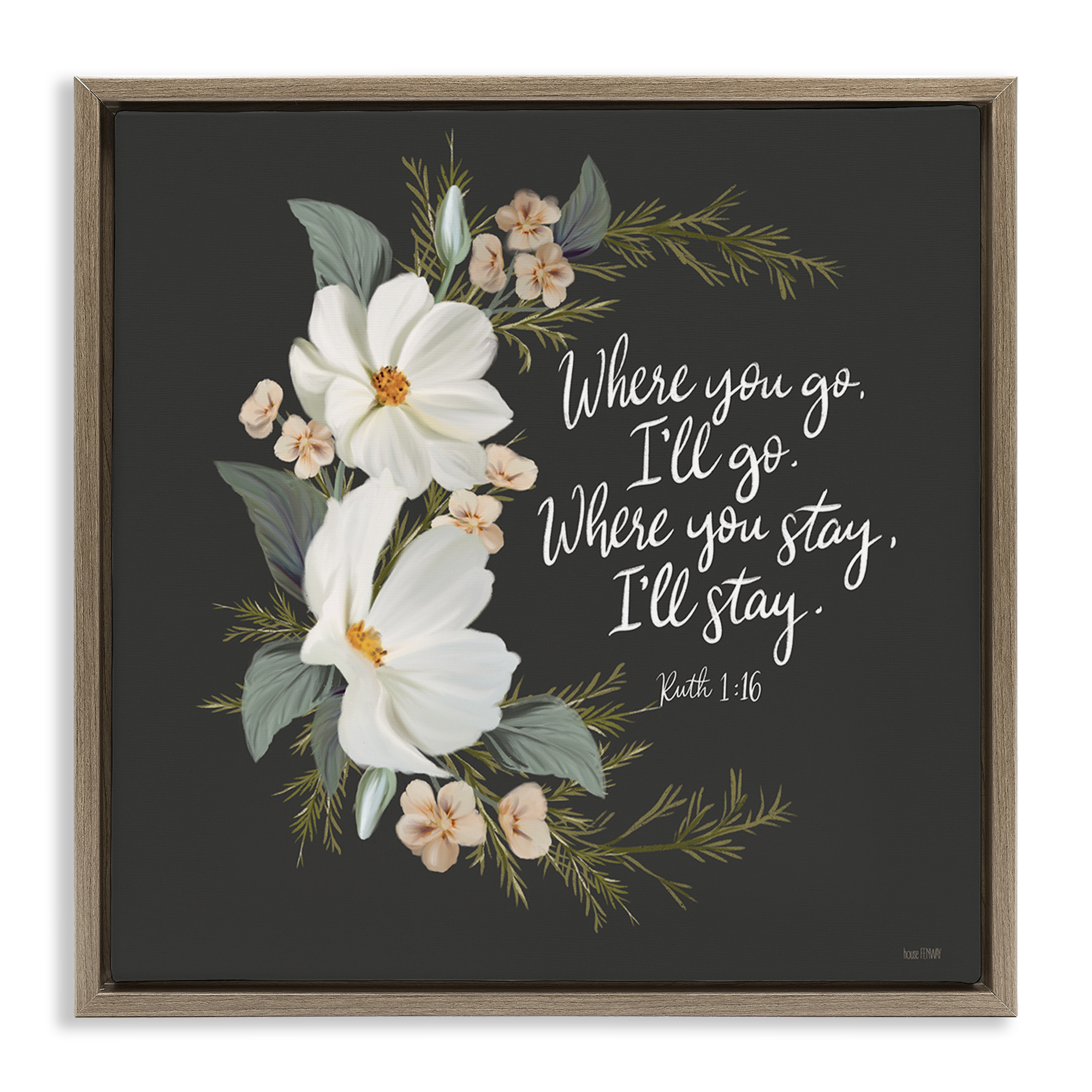 Stupell Industries Spiritual Scripture with Florals Plants & Flowers Painting Brown Floater Framed Canvas Art Print Wall Art, 18 x 18