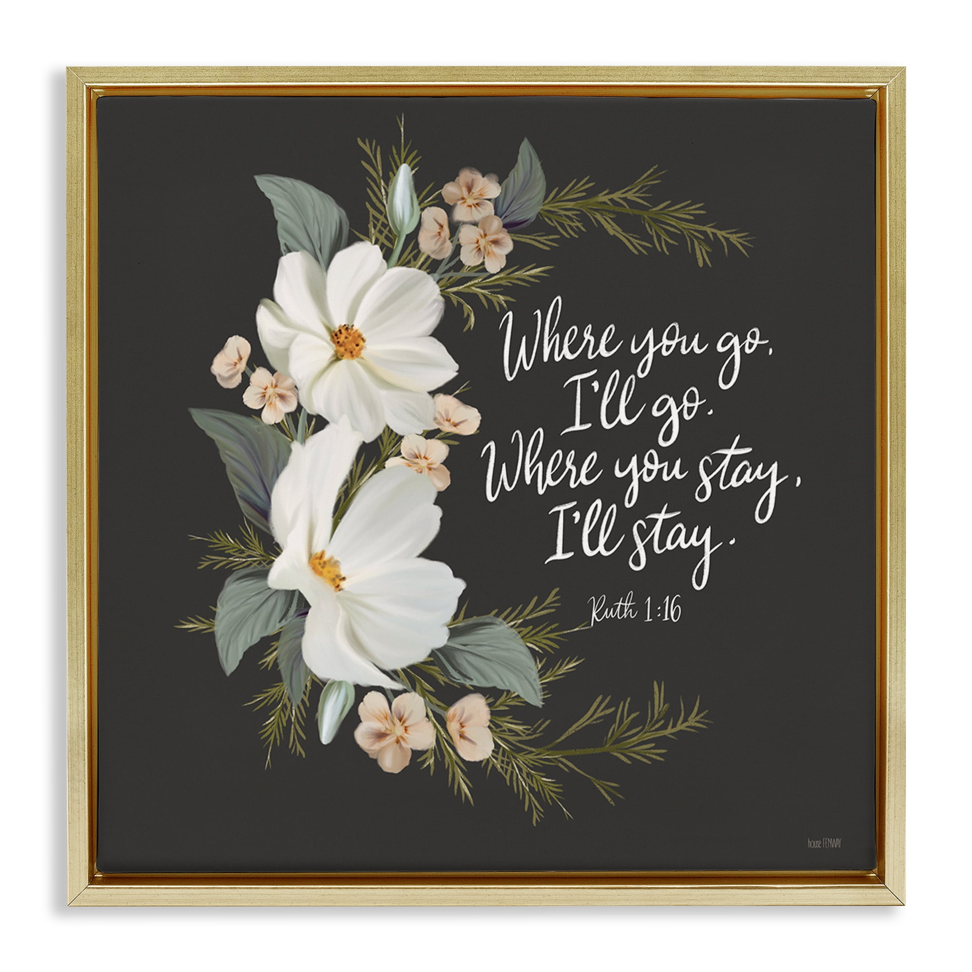 Stupell Industries Spiritual Scripture with Florals Plants & Flowers Painting Gold Floater Framed Canvas Art Print Wall Art, 25 x 25