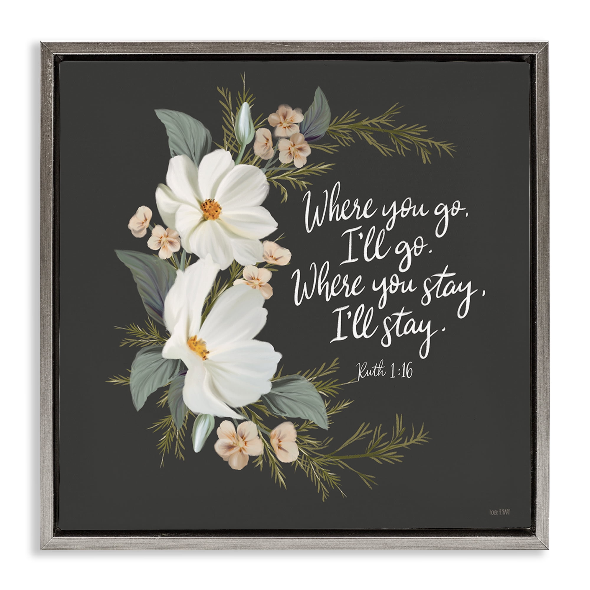 Stupell Industries Spiritual Scripture with Florals Plants & Flowers Painting Gray Floater Framed Canvas Art Print Wall Art, 18 x 18