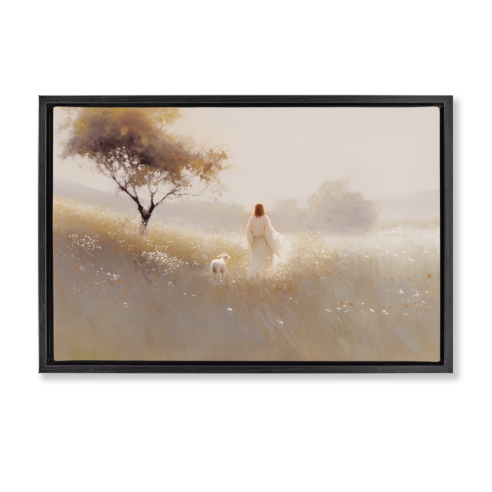 Stupell Industries Spiritual Shepherd & Lamb Black Framed Floater Canvas Wall Art, design by Jacky Ngan
