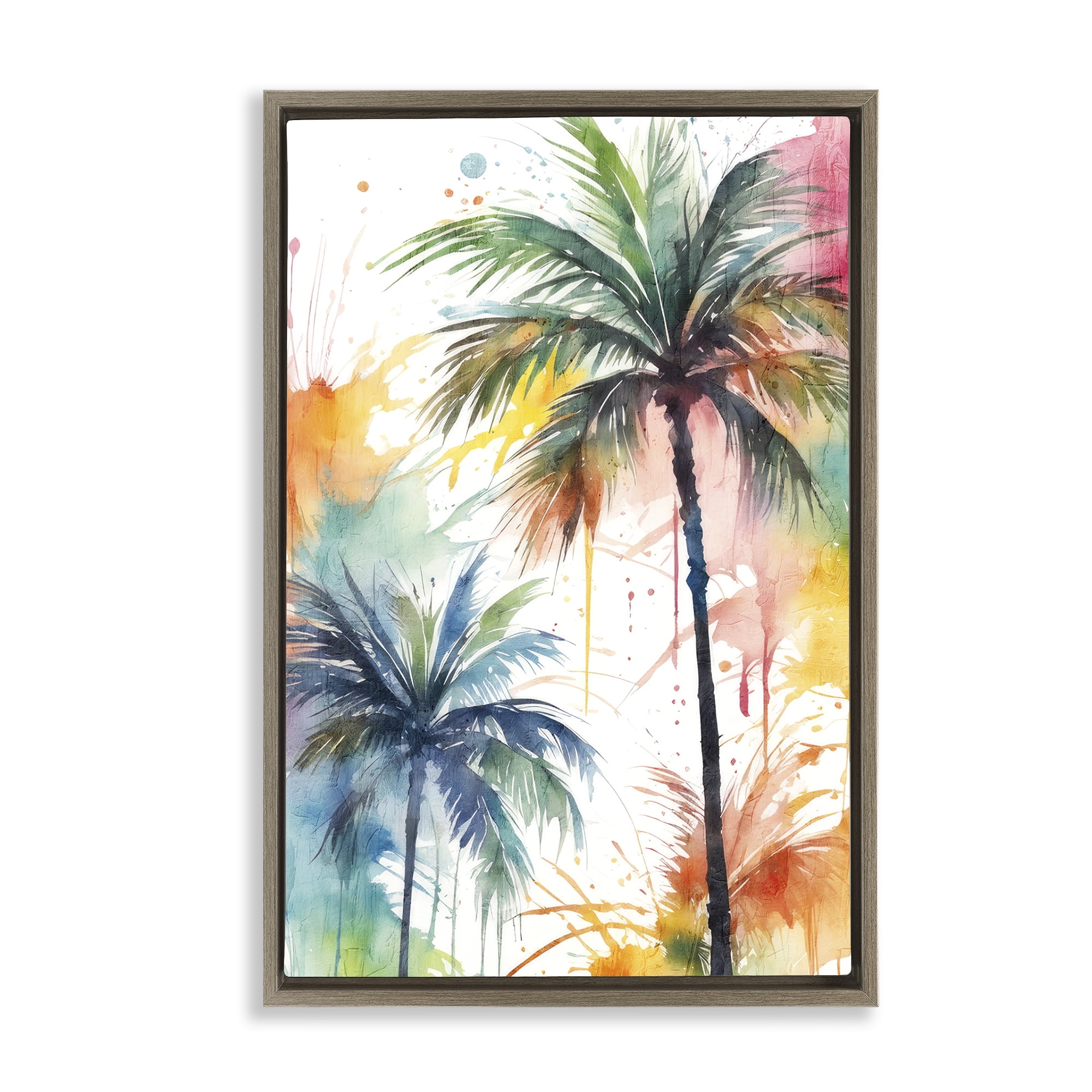 Stupell Industries Splashed Palm Trees Botanical & Floral Painting Brown Floater Framed Canvas Art Print Wall Art, 21 x 31