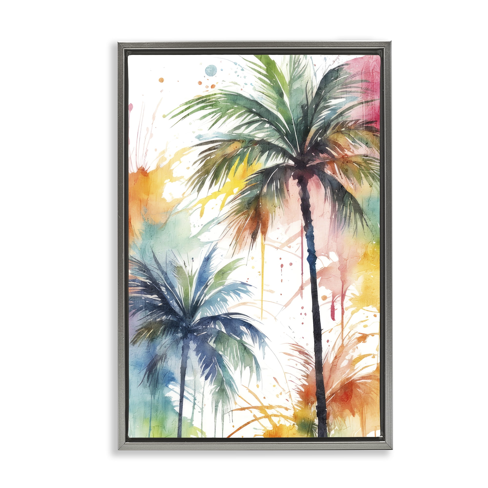 Stupell Industries Splashed Palm Trees Botanical & Floral Painting Gray Floater Framed Canvas Art Print Wall Art, 21 x 31
