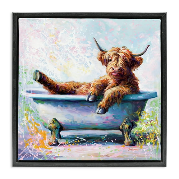Stupell Industries Splashing Baby Cow Typography Painting Black Floater Framed Canvas Art Print Wall Art, 18 x 18