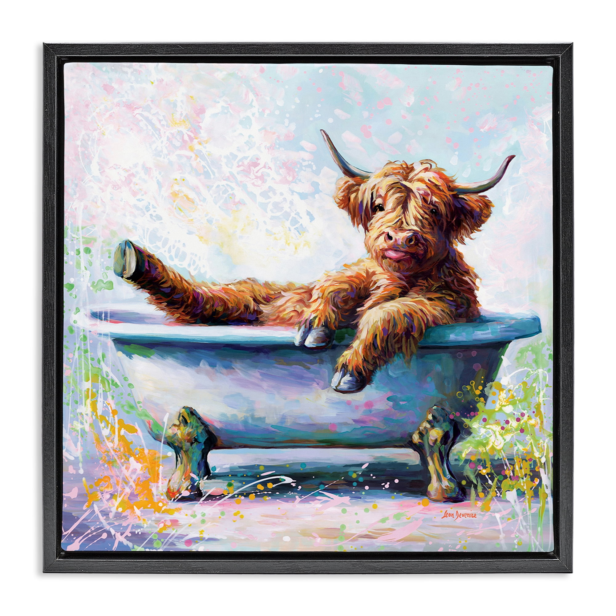 Stupell Industries Splashing Baby Cow Typography Painting Black Floater Framed Canvas Art Print Wall Art, 25 x 25