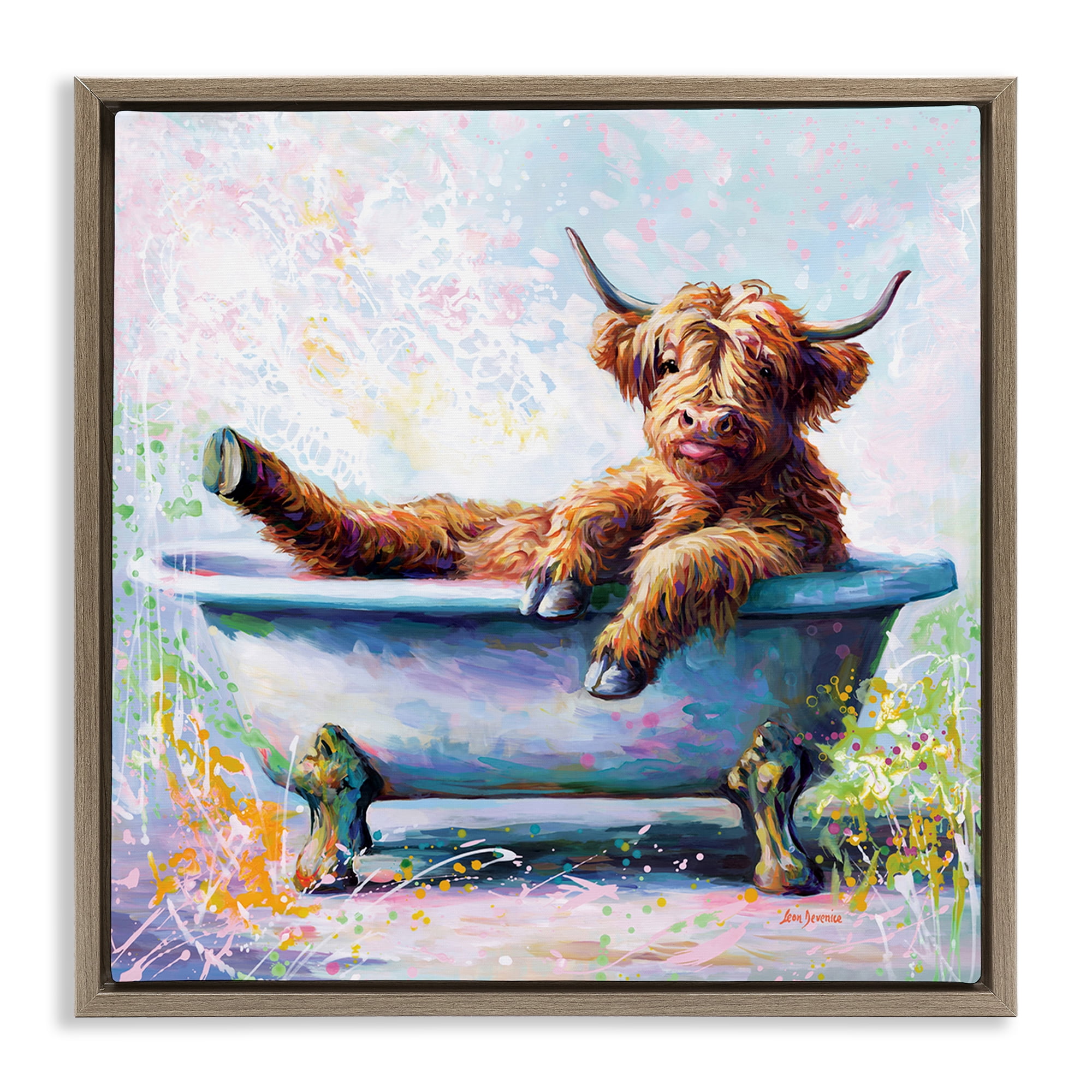 Stupell Industries Splashing Baby Cow Typography Painting Brown Floater Framed Canvas Art Print Wall Art, 18 x 18